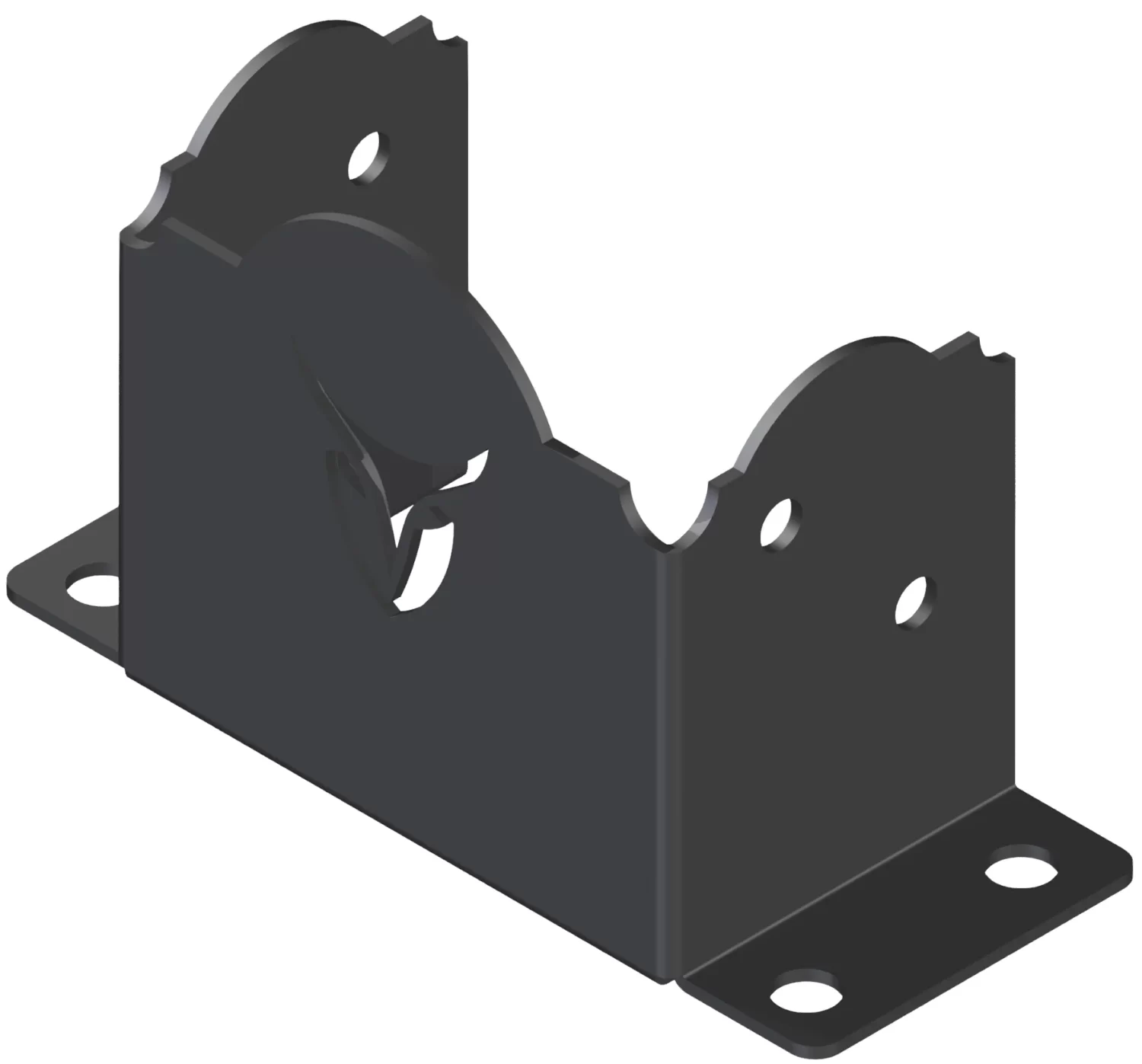 The Heavy Duty 4x6 Post Anchor is a black metal bracket with two vertical side plates featuring curved cutouts and holes, plus a horizontal base with four corner screw holes.