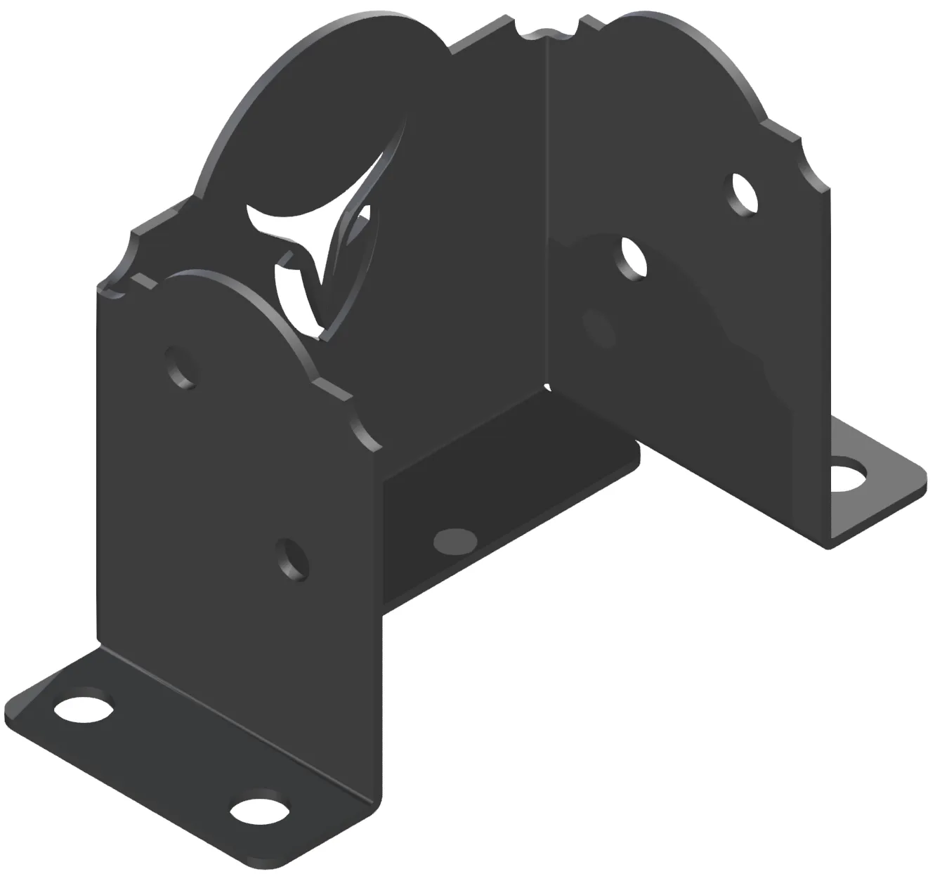 Heavy Duty 4x6 Post Anchor - 6x6 Post Anchor 3D-rendered image of a black metal bracket with multiple holes and curved cutouts, designed to support or secure cylindrical objects, similar in style to the Heavy Duty 4x6 Post Anchor.
