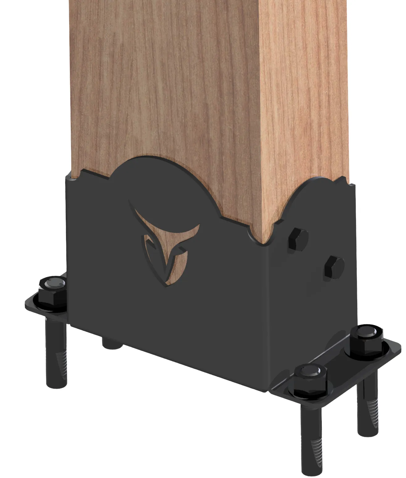 Heavy Duty 4x6 Post Anchor - 6x6 Post Anchor A close-up of the Heavy Duty 4x6 Post Anchor securing a wooden post to a black metal base with bolts and a decorative cutout front, ensuring sturdy attachment to a flat surface.