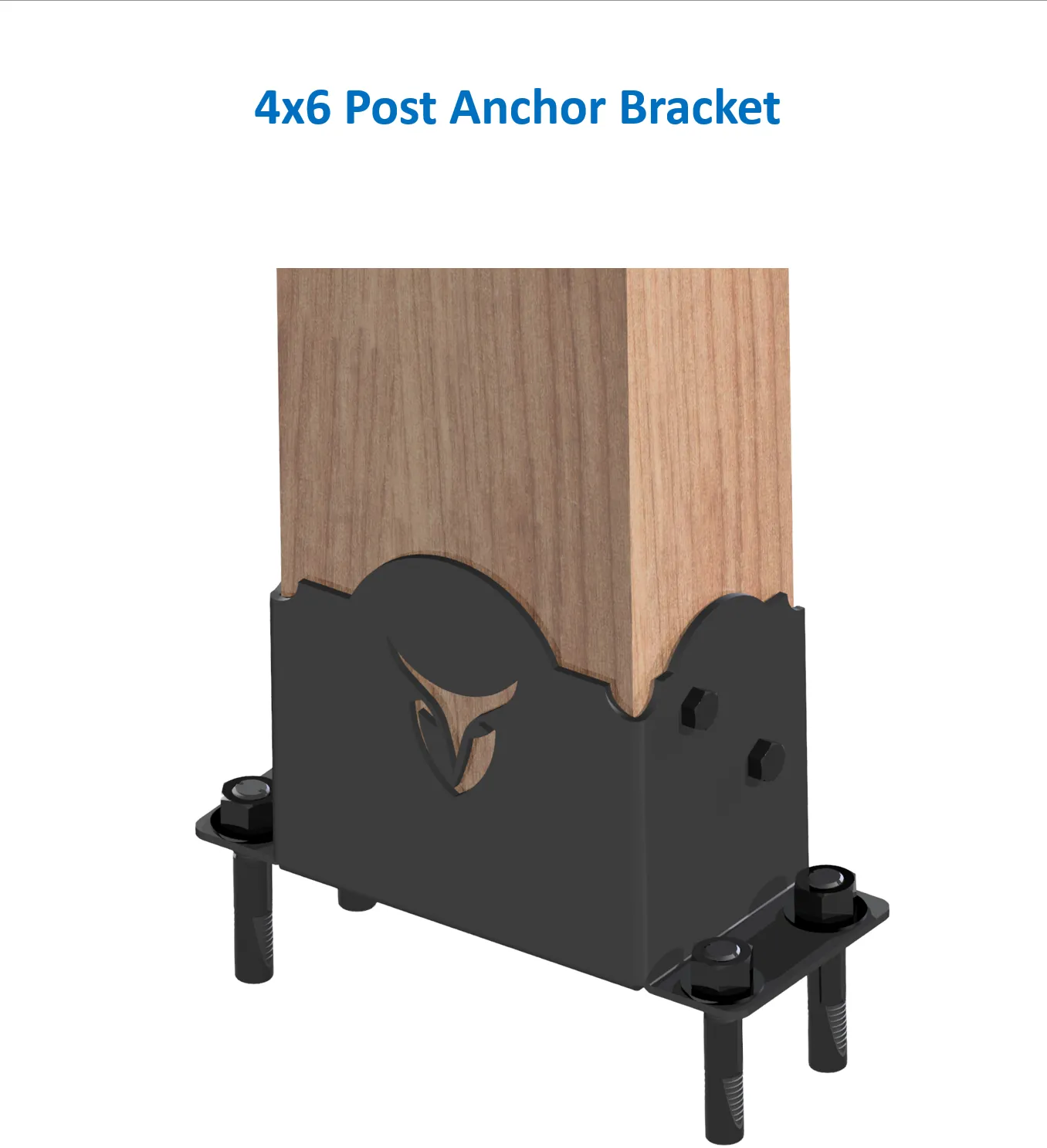 The Heavy Duty 4x6 Post Anchor secures a wooden post in a black metal bracket with bolts for stability; “Heavy Duty 4x6 Post Anchor” is displayed above the image in blue text.