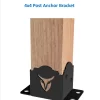 A Heavy Duty 4x4 Post Anchor made of a black metal bracket with mounting holes and a stylized logo on the front securely holds a wooden post. Blue text above reads Heavy Duty 4x4 Post Anchor.