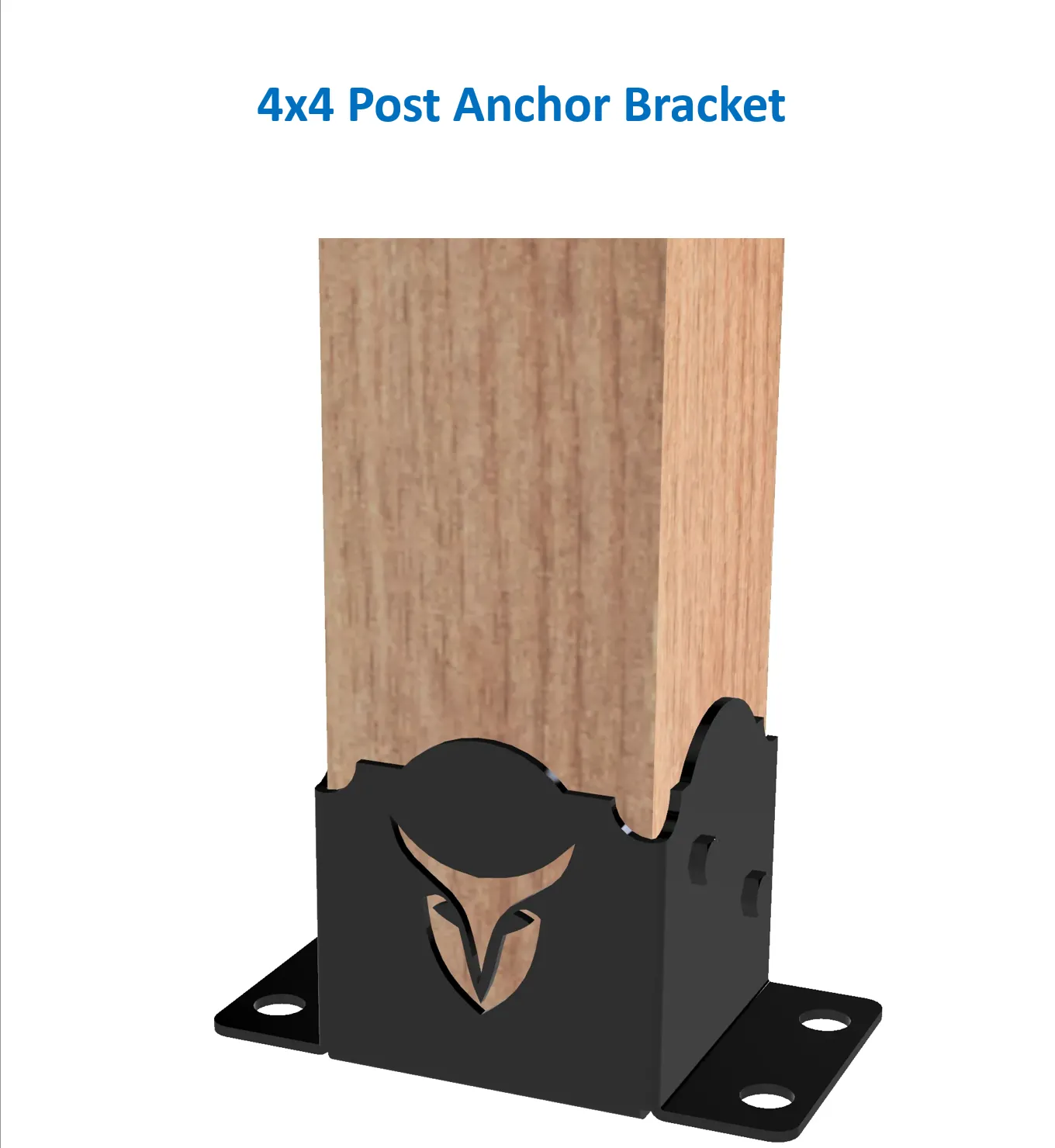 A Heavy Duty 4x4 Post Anchor made of a black metal bracket with mounting holes and a stylized logo on the front securely holds a wooden post. Blue text above reads Heavy Duty 4x4 Post Anchor.