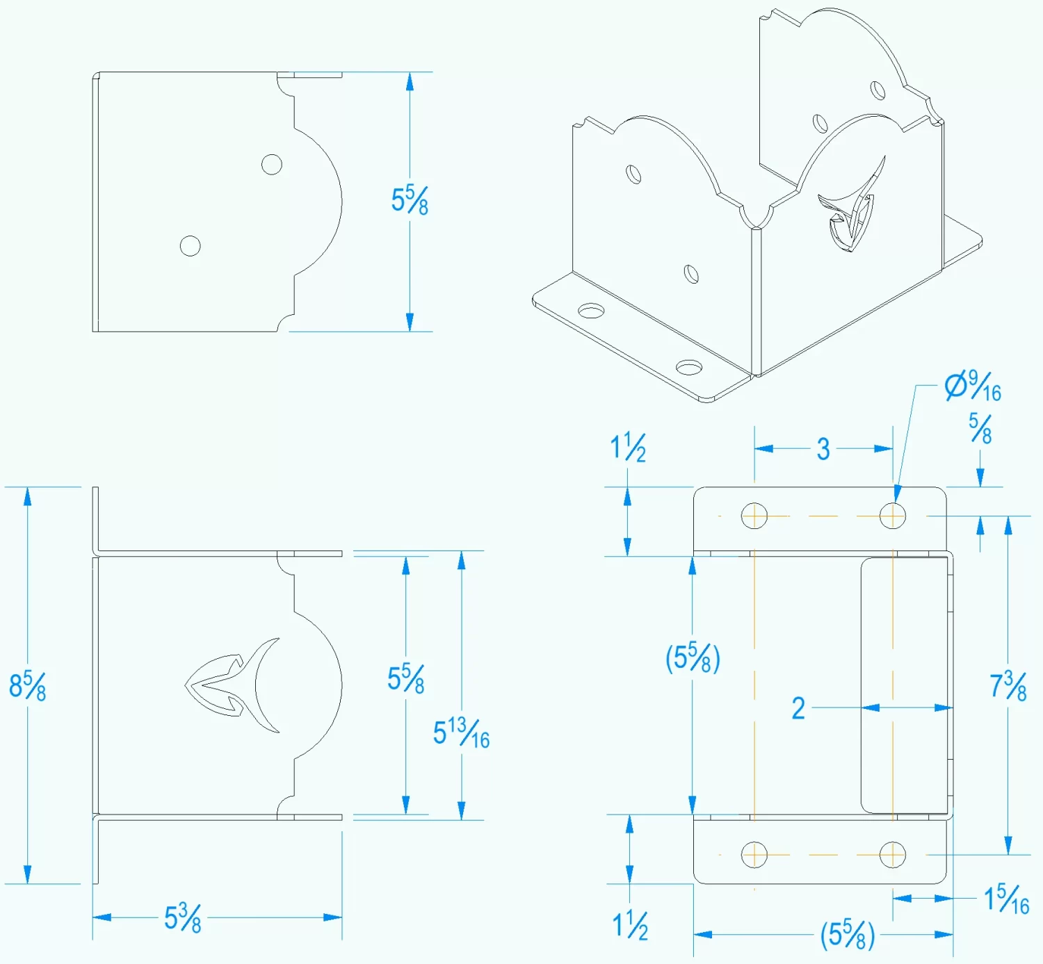 Universal 6x6 Post Anchor Bracket (Copy) - 6x6 Post Anchor Technical drawing of the Heavy Duty 6x6 Post Anchor metal bracket displays front, side, and top views with curved cutouts, mounting holes, and detailed inch dimensions.