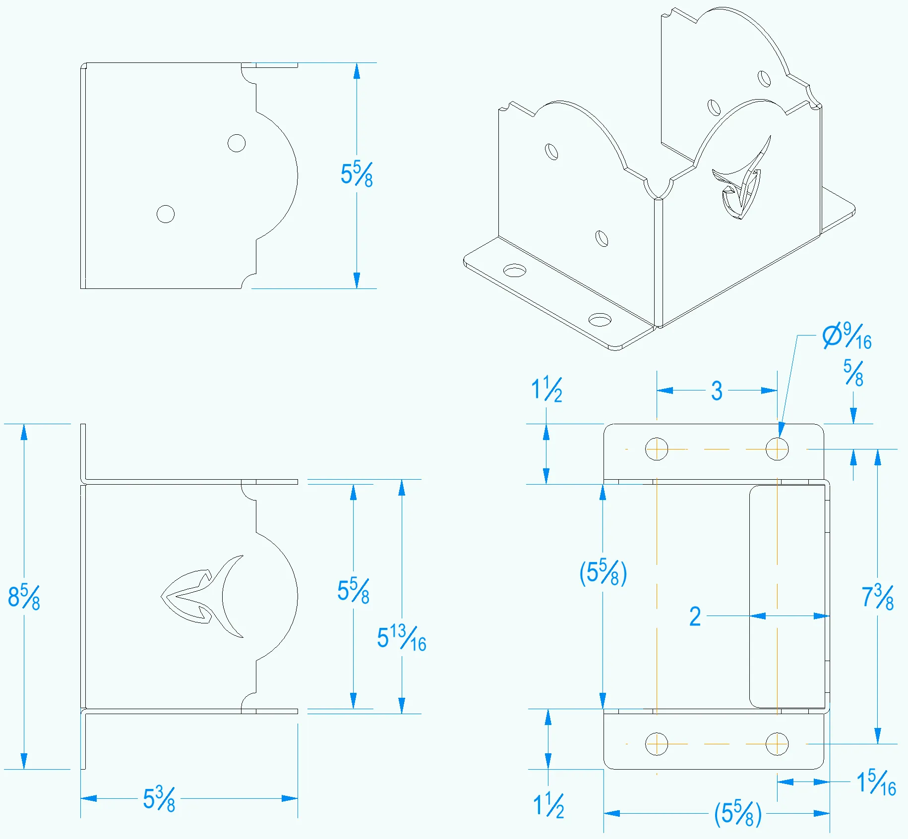 Universal 6x6 Post Anchor Bracket (Copy) - 6x6 Post Anchor Technical drawing of the Heavy Duty 6x6 Post Anchor metal bracket displays front, side, and top views with curved cutouts, mounting holes, and detailed inch dimensions.