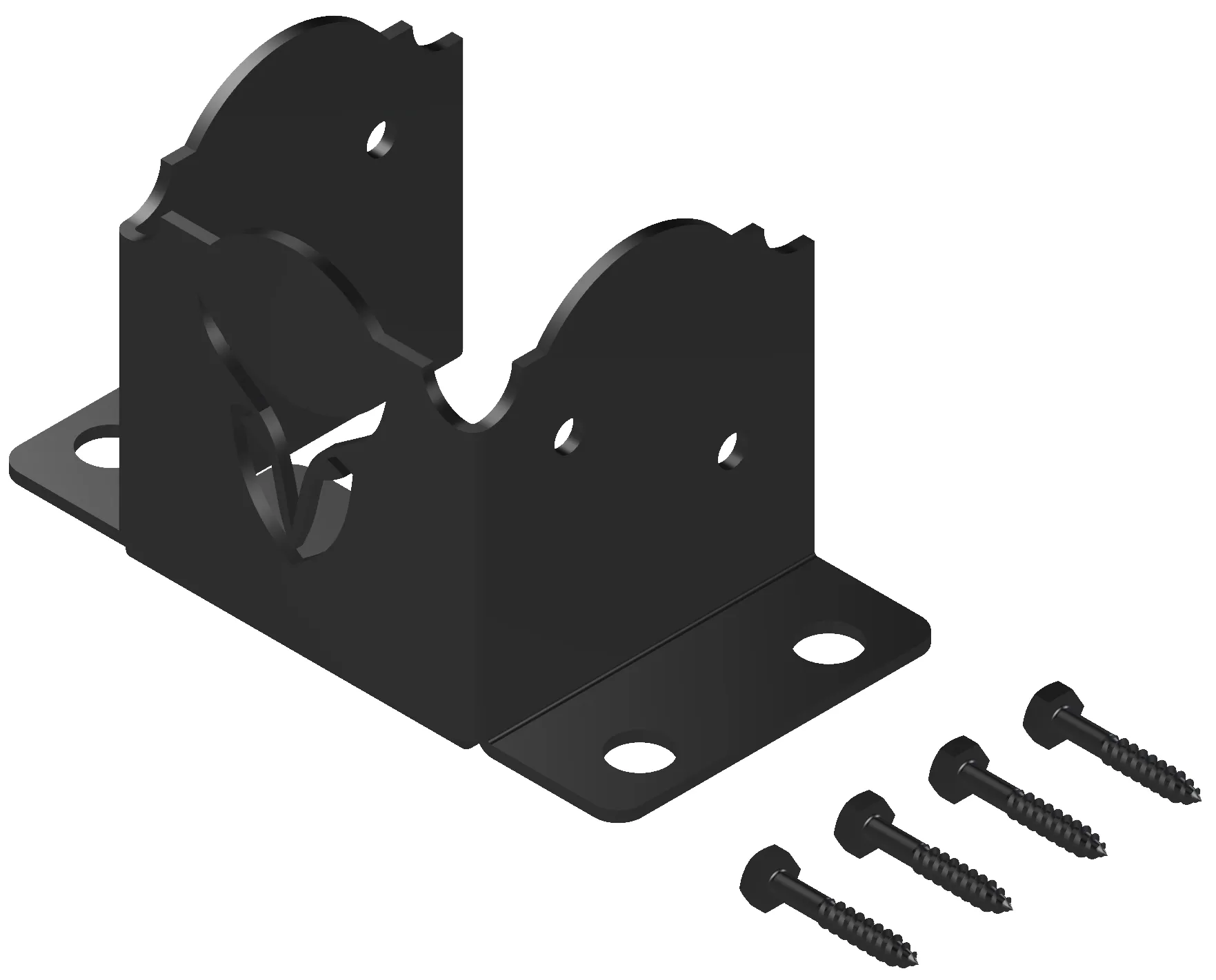 Universal 6x6 Post Anchor Bracket (Copy) - 6x6 Post Anchor Heavy Duty 6x6 Post Anchor in black metal, includes a mounting bracket with two semi-circular slots, four holes, and four black screws. Isolated on white background.