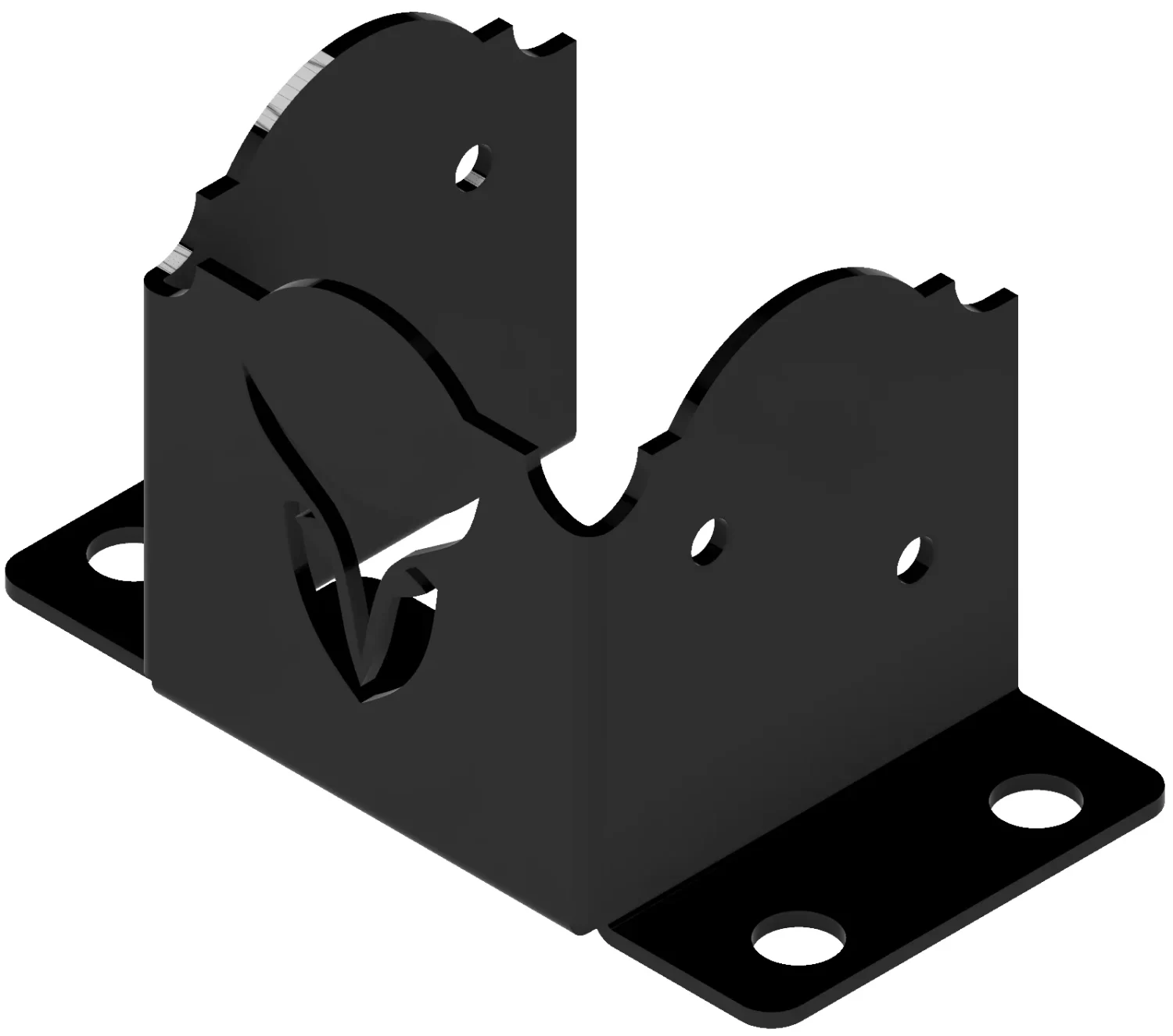Universal 6x6 Post Anchor Bracket (Copy) - 6x6 Post Anchor The Heavy Duty 6x6 Post Anchor is a black metal bracket with a leaf cutout, four screw holes for mounting, and curved openings to securely hold cylindrical objects.