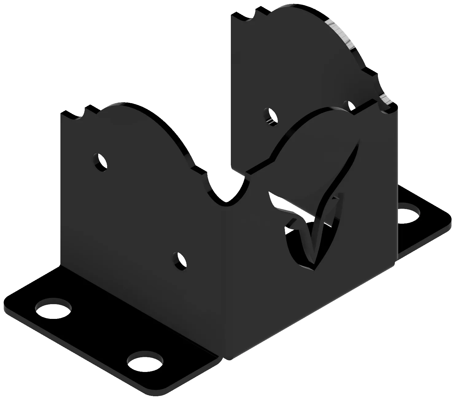 Universal 6x6 Post Anchor Bracket (Copy) - 6x6 Post Anchor The Heavy Duty 6x6 Post Anchor is a black metal bracket with a curved cutout, four screw holes on the base, and a decorative leaf-shaped cutout on the side.
