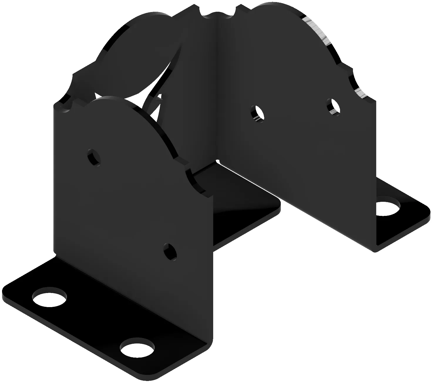Universal 6x6 Post Anchor Bracket (Copy) - 6x6 Post Anchor The Heavy Duty 6x6 Post Anchor features a black metal design with four round base holes and two vertical sections with extra holes and curved edges, providing secure support or attachment for components.