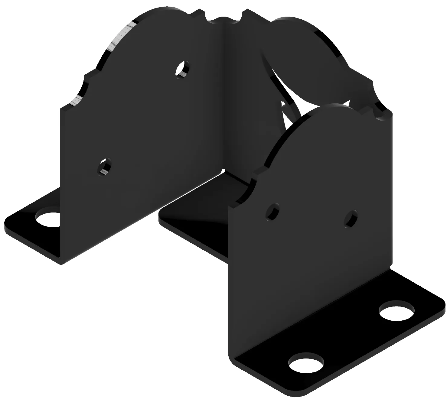 Universal 6x6 Post Anchor Bracket (Copy) - 6x6 Post Anchor The Heavy Duty 6x6 Post Anchor is a black metal bracket featuring two flat bases with mounting holes, plus vertical sides with rounded tops and extra holes, providing strong right-angle support.