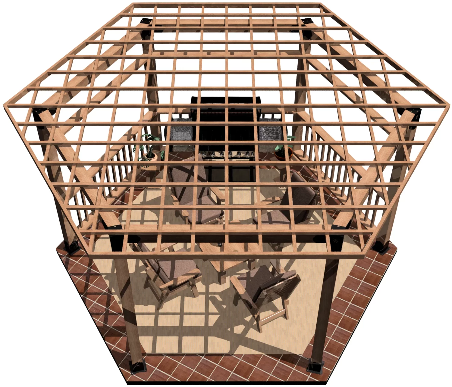 The Surface Mounted, DIY 6x6 Hexagon Gazebo features an open lattice roof, outdoor chairs and a table, set on a tiled platform with partial railings.