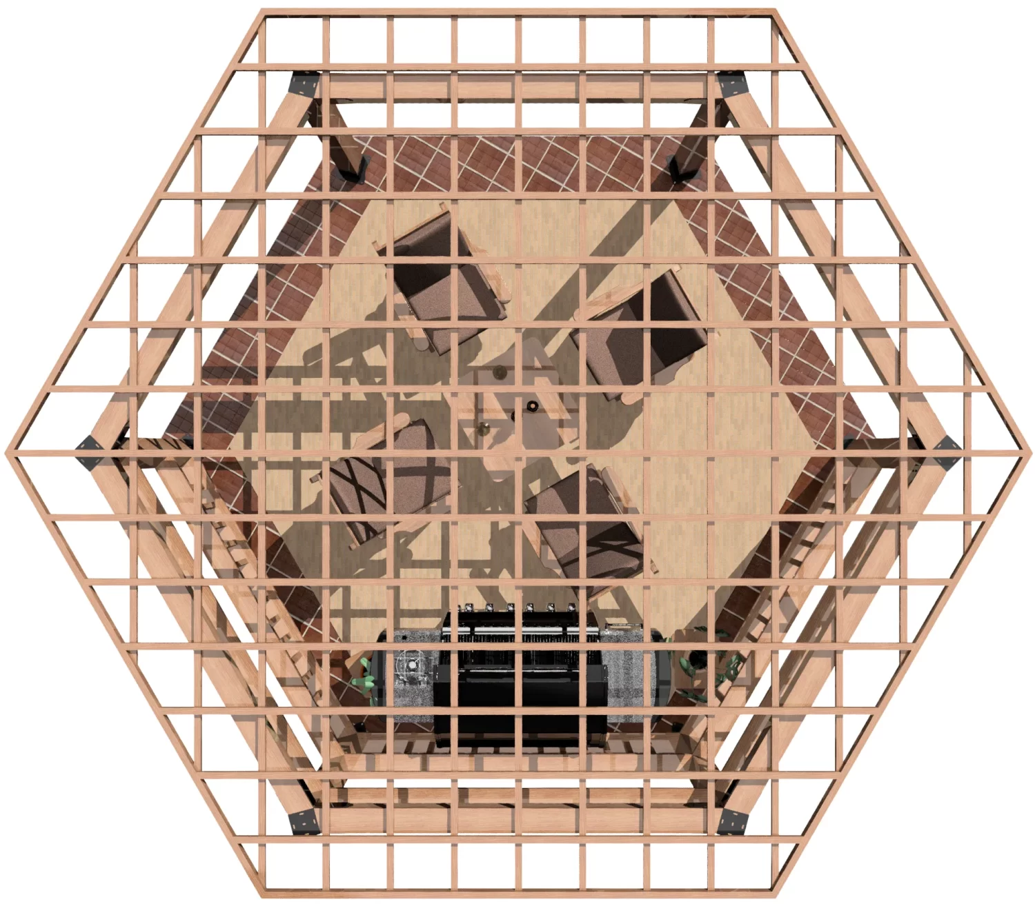 Top-down view of the Surface Mounted, DIY 6x6 Hexagon Gazebo shows a grid-like wooden frame with an interior platform featuring geometric cutouts and central equipment, casting intricate shadows and patterns.