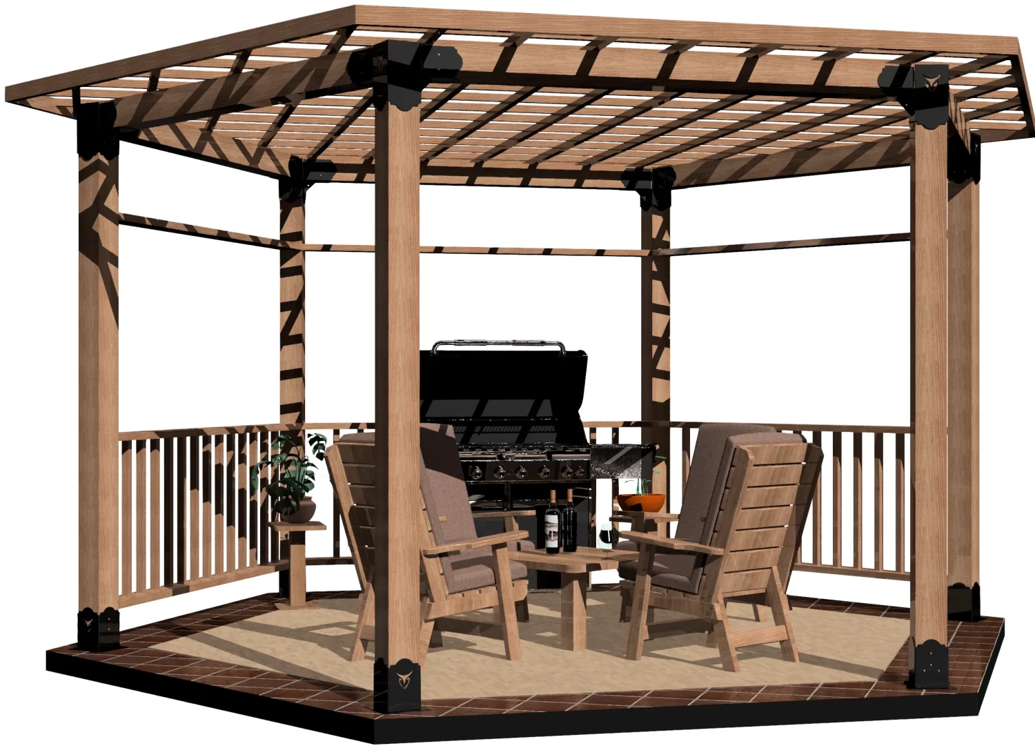 The Surface Mounted, DIY 6x6 Hexagon Gazebo features a slatted roof, open sides with railings, tiled floor, outdoor chairs and small table, a grill at the back, plus a potted plant for added charm.