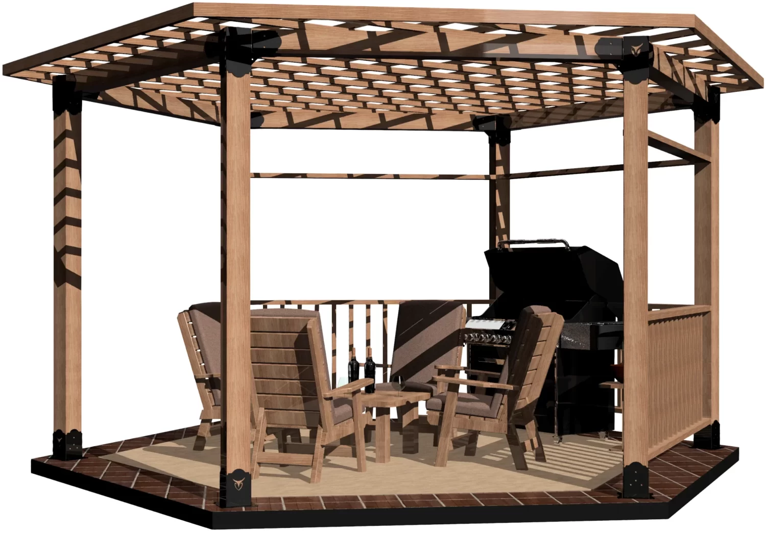 A Surface Mounted, DIY 6x6 Hexagon Gazebo with an open lattice roof features four chairs, a small table, and a barbecue grill inside, all set on a tiled floor.
