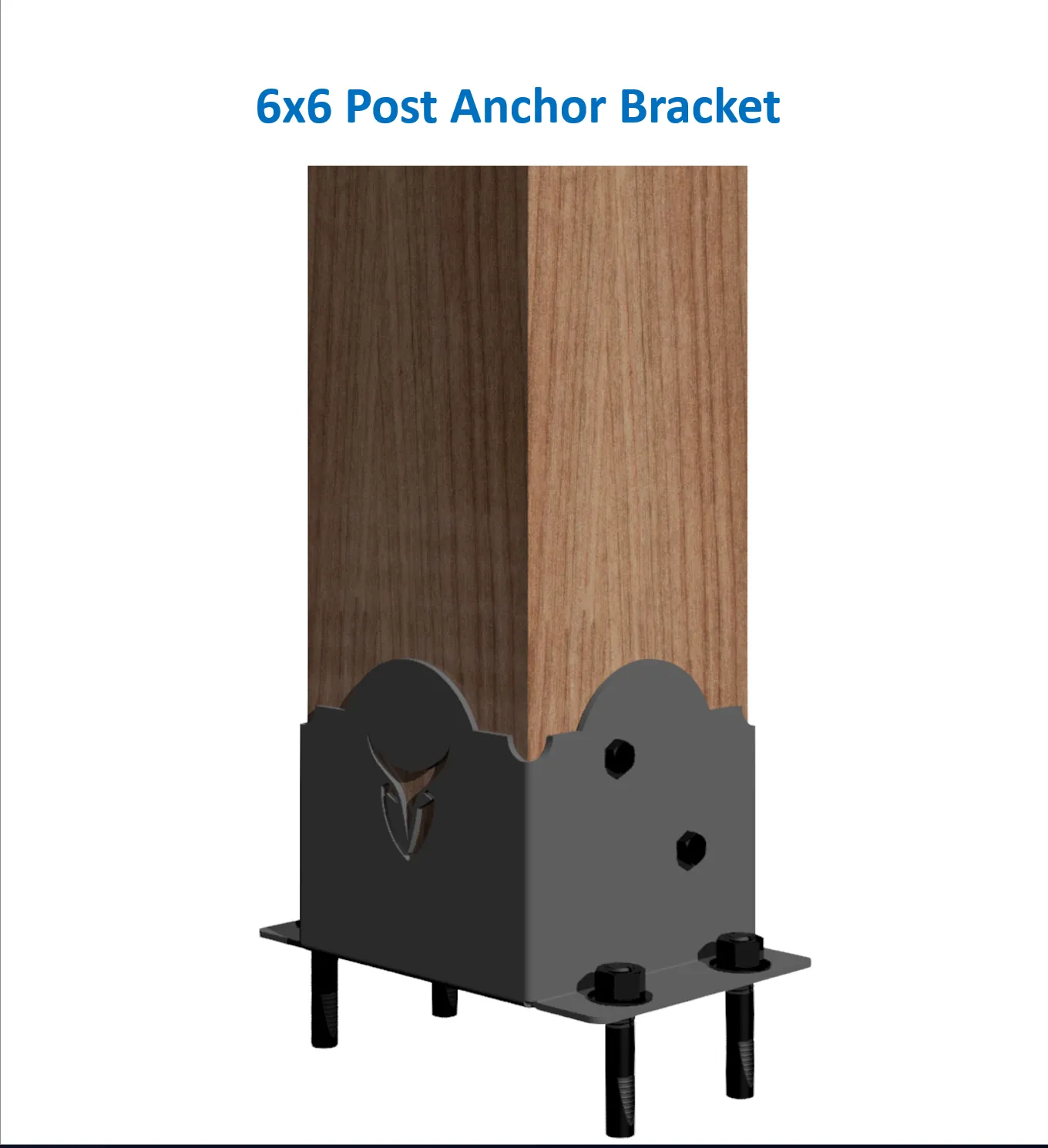 A sturdy wooden 6x6 post is bolted into a black Heavy Duty 6x6 Post Anchor at the base; text above reads Heavy Duty 6x6 Post Anchor.