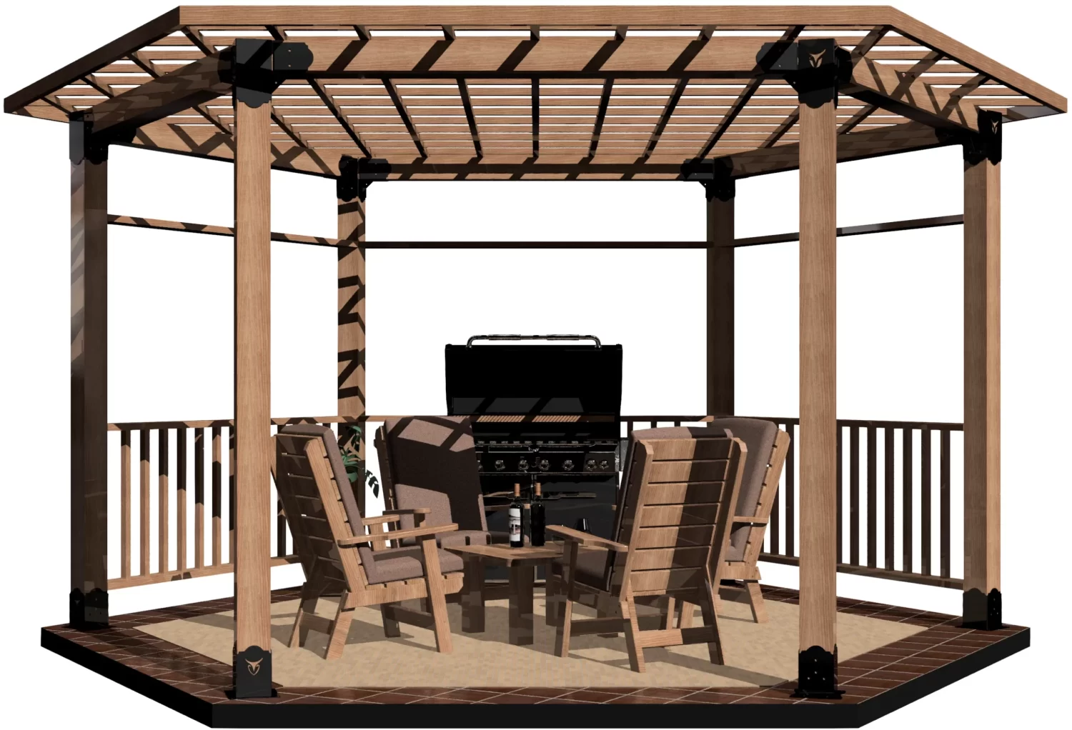 The Surface Mounted, DIY 6x6 Hexagon Gazebo features a slatted roof, railing, and tiled floor. Four armchairs surround a round table with a grill nearby—ideal for stylish outdoor gatherings.