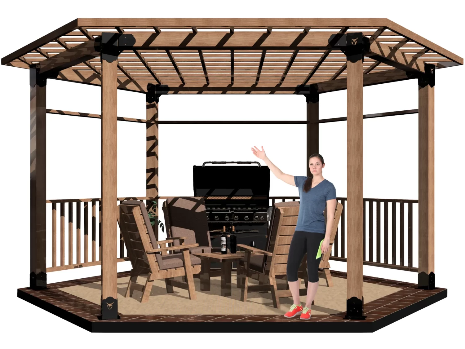 A woman stands inside a Surface Mounted, DIY 6x6 Hexagon Gazebo with a slatted roof and four posts, gesturing toward patio furniture and a grill—ideal for those looking for stylish gazebos for sale.