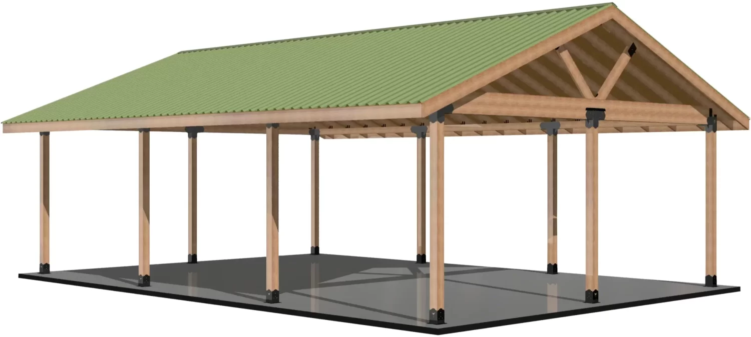 DIY 6x6 Pavilion Kit, 6x6 Posts and Headers - DIY 6x6 Pavilion 3D illustration of the DIY 6x6 Pavilion Kit, featuring a 4-12 pitch green gable roof, open sides, eight wooden posts, and a rectangular concrete foundation.