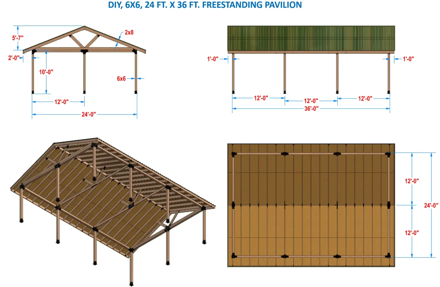 DIY 6x6 Pavilion Kit, 6x6 Posts and Headers - DIY 6x6 Pavilion Diagram of the DIY 6x6 Pavilion Kit (24x36 ft, 4-12 pitch gable roof) displays front, side, angled, and top views with labeled dimensions and wooden post locations for easy construction guidance.