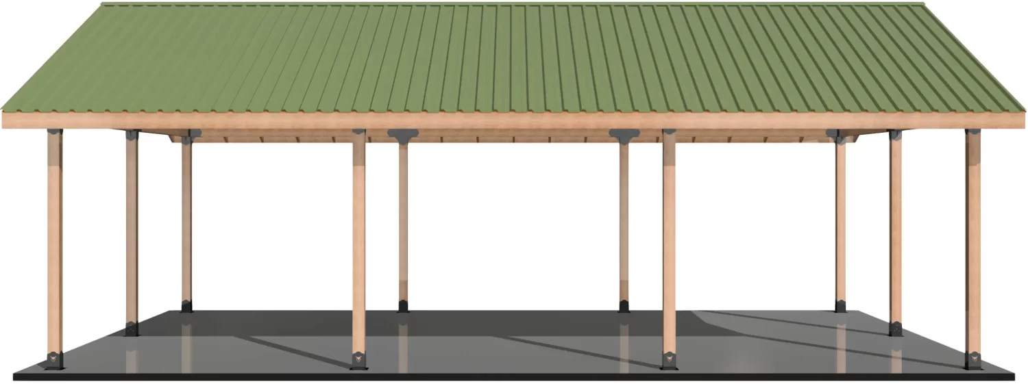 DIY 6x6 Pavilion Kit, 6x6 Posts and Headers - DIY 6x6 Pavilion The DIY 6x6 Pavilion Kit features a 4-12 pitch gable roof in green metal, eight wooden posts, and a flat dark base, shown open-sided against a white background.