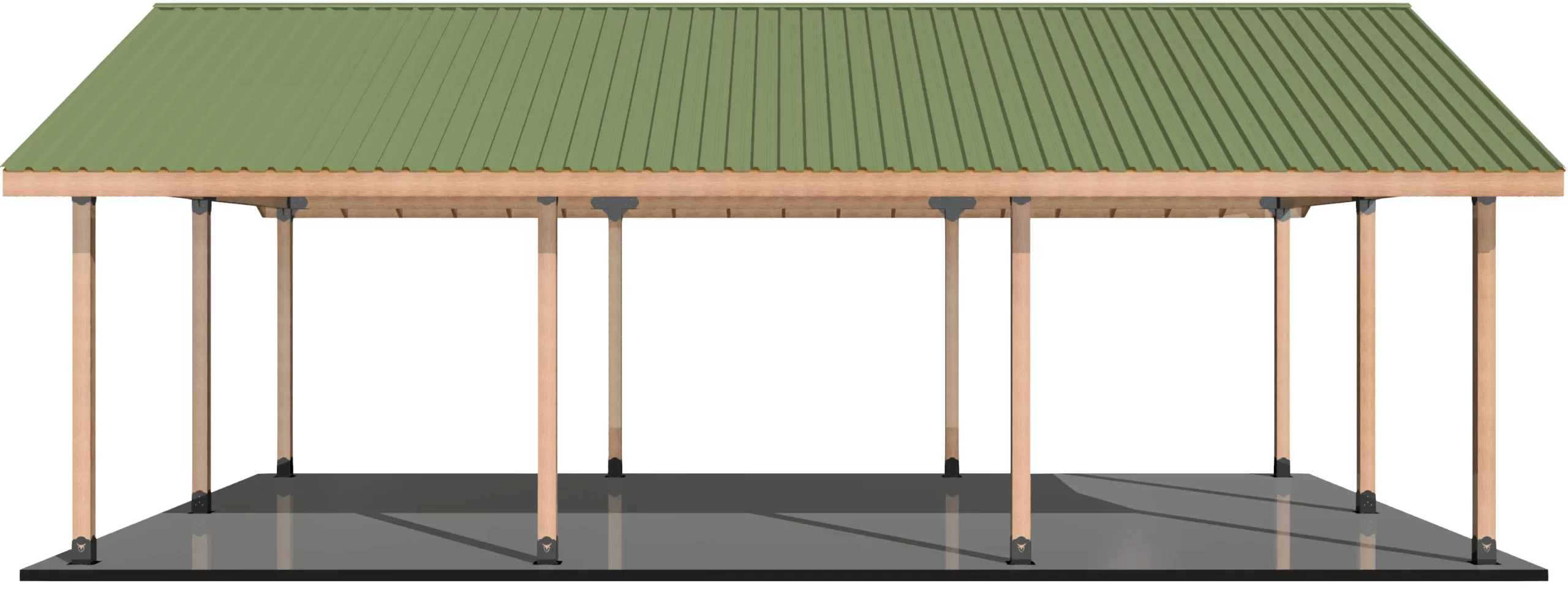 DIY 6x6 Pavilion Kit, 6x6 Posts and Headers - DIY 6x6 Pavilion The DIY 6x6 Pavilion Kit features a 4-12 pitch gable roof in green metal, eight wooden posts, and a flat dark base, shown open-sided against a white background.