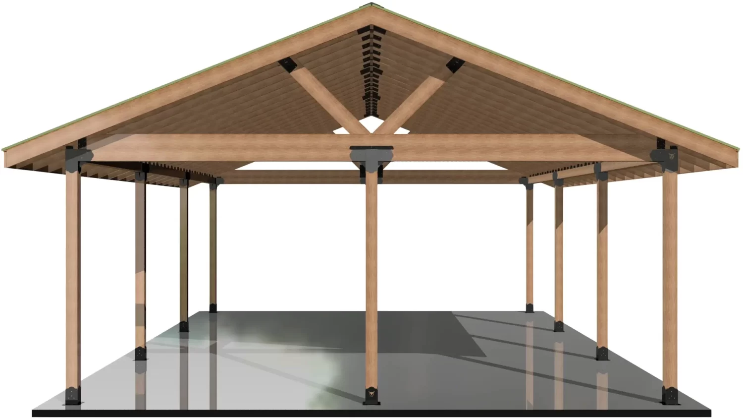 DIY 6x6 Pavilion Kit, 6x6 Posts and Headers - DIY 6x6 Pavilion A computer-generated image of the DIY 6x6 Pavilion Kit, featuring a 4-12 pitch gable roof, eight wooden support posts with metal brackets at joints, a reflective floor, and open sides.