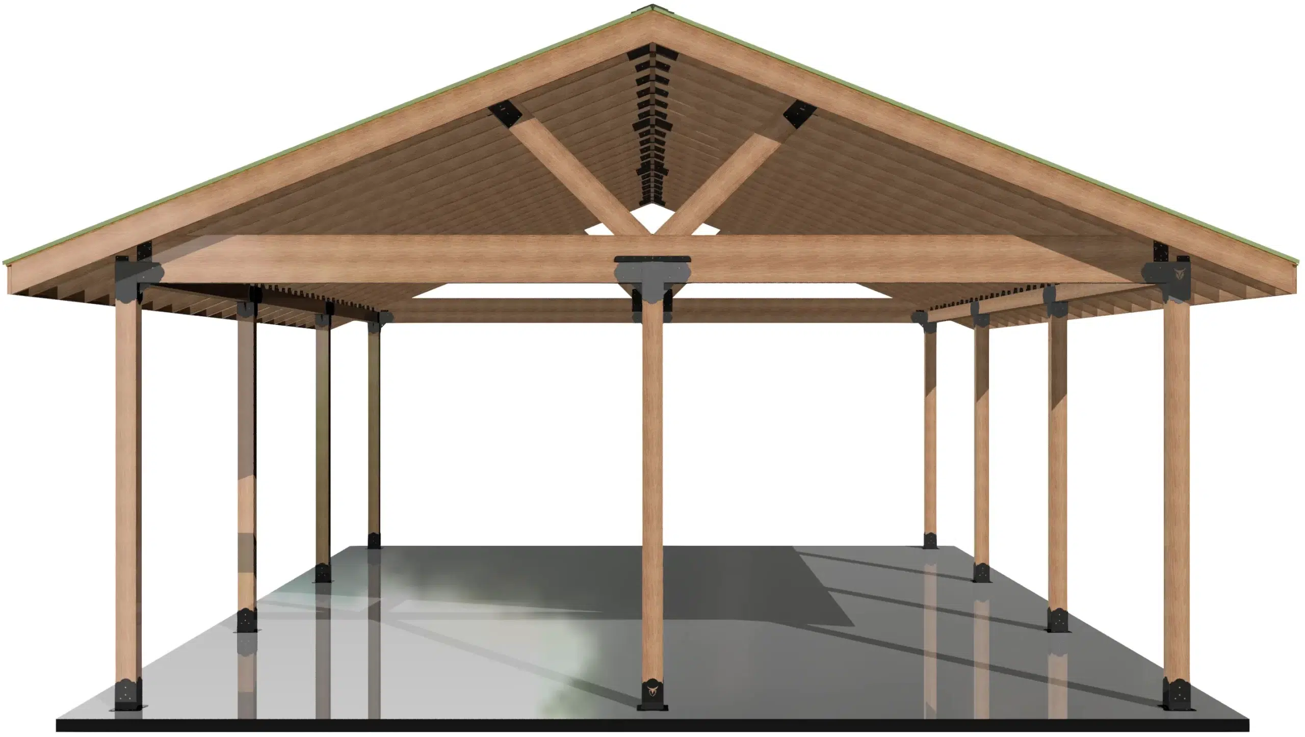 DIY 6x6 Pavilion Kit, 6x6 Posts and Headers - DIY 6x6 Pavilion A computer-generated image of the DIY 6x6 Pavilion Kit, featuring a 4-12 pitch gable roof, eight wooden support posts with metal brackets at joints, a reflective floor, and open sides.