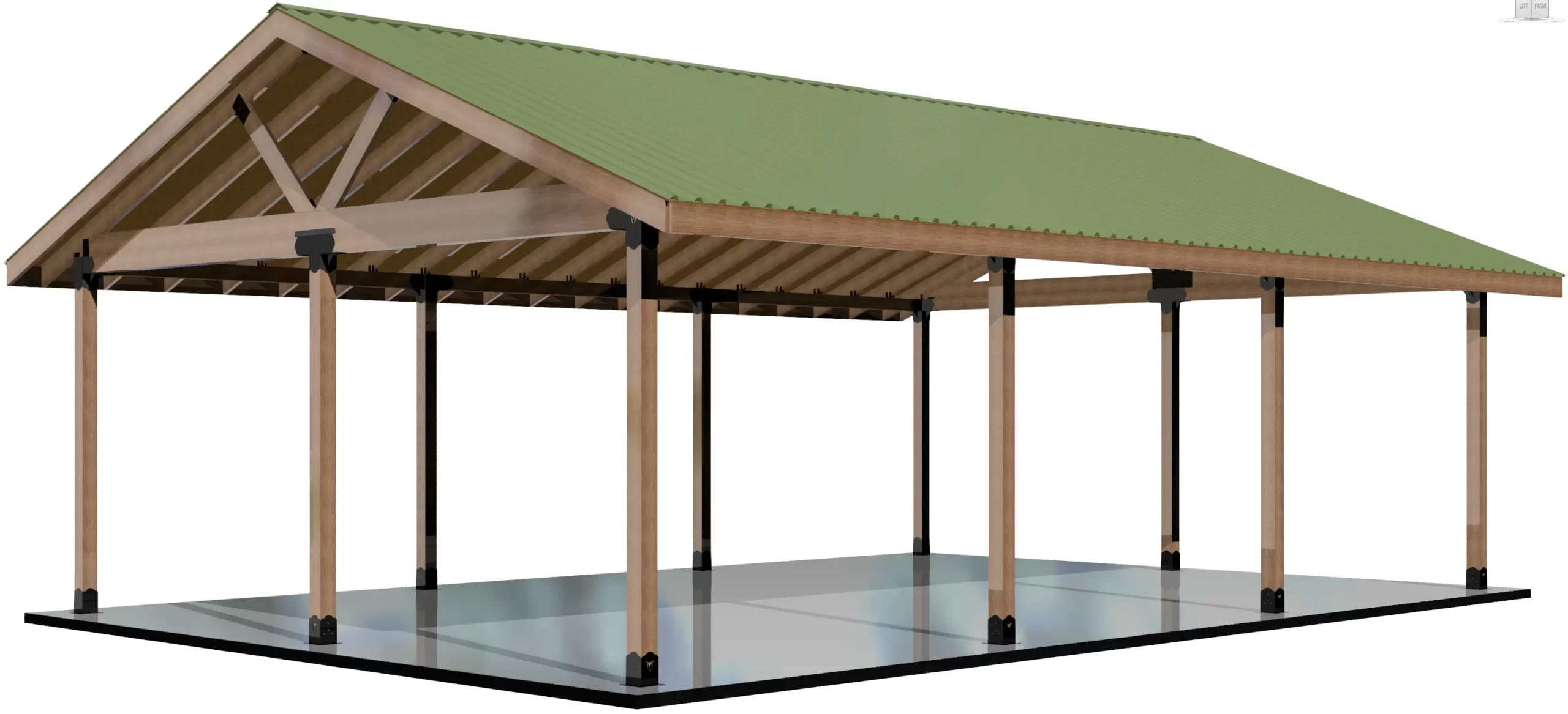 DIY 6x6 Pavilion Kit, 6x6 Posts and Headers - DIY 6x6 Pavilion 3D rendering of the DIY 6x6 Pavilion Kit, featuring a 4-12 pitch green gable roof, open-sided design, sturdy wooden beams, and a flat gray concrete floor.