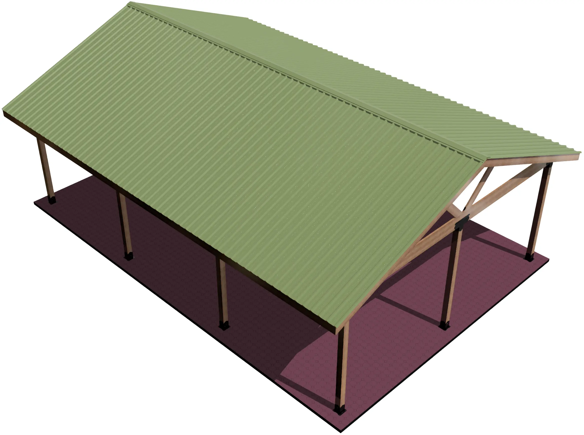 DIY 6x6 Pavilion Kit, 6x6 Posts and Headers - DIY 6x6 Pavilion A 3D rendering of the DIY 6x6 Pavilion Kit features a simple open-sided design with a green corrugated metal gable roof (4-12 pitch), wooden posts, and sits on a rectangular brown-tiled platform.