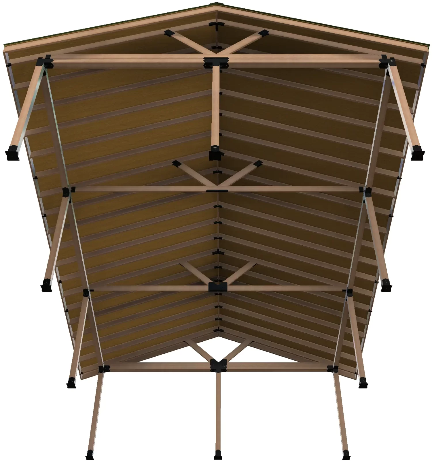 DIY 6x6 Pavilion Kit, 6x6 Posts and Headers - DIY 6x6 Pavilion View from beneath a DIY 6x6 Pavilion Kit, 4-12 Pitch Gable Roof Structure highlighting the support beams and cross braces arranged in a symmetrical, triangular pattern.
