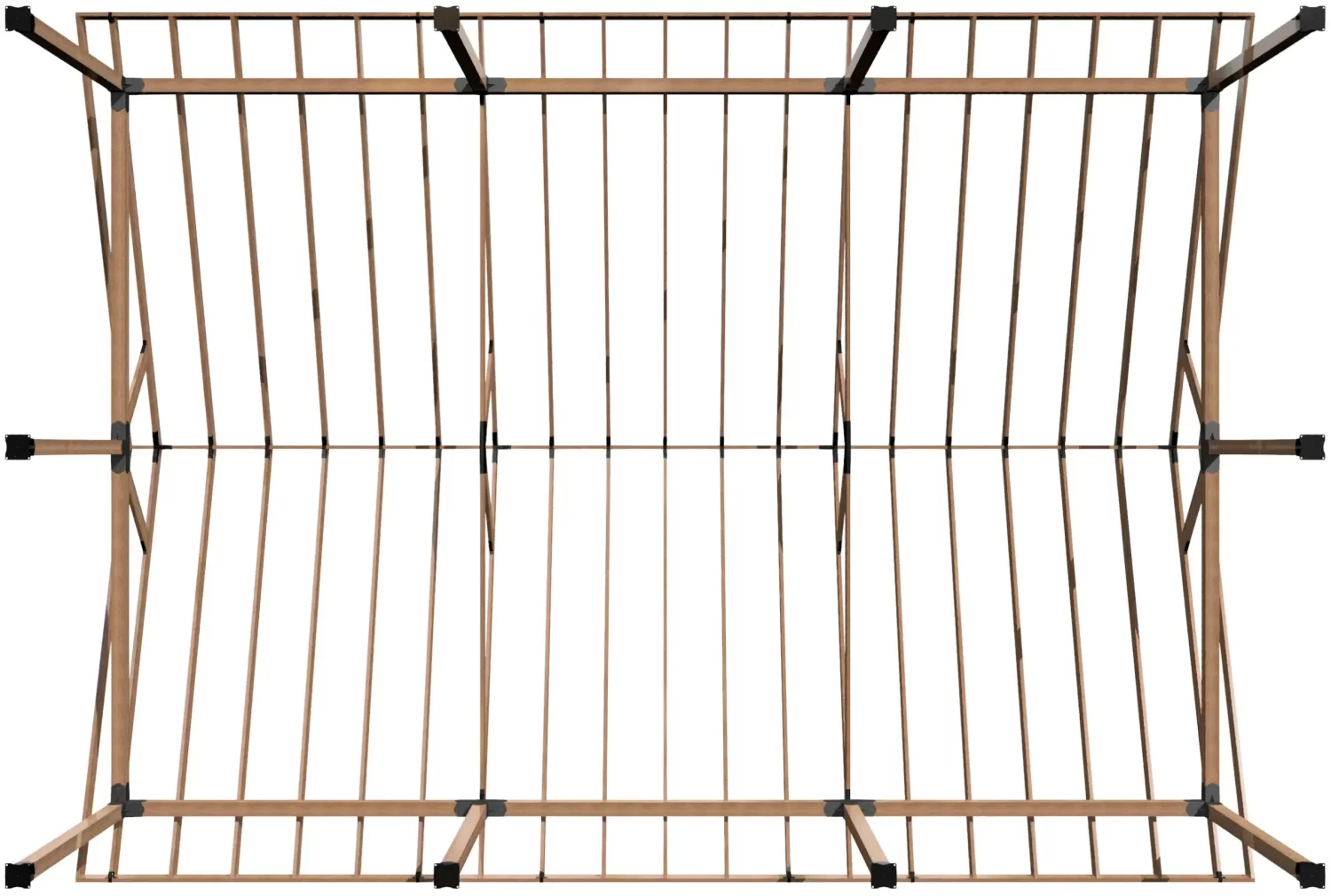 DIY 6x6 Pavilion Kit, 6x6 Posts and Headers - DIY 6x6 Pavilion A top-down view of a rectangular wooden frame with slats and black corner connectors, inspired by the DIY 6x6 Pavilion Kit, 4-12 Pitch Gable Roof Structure—perfect for building your own sturdy pavilion.
