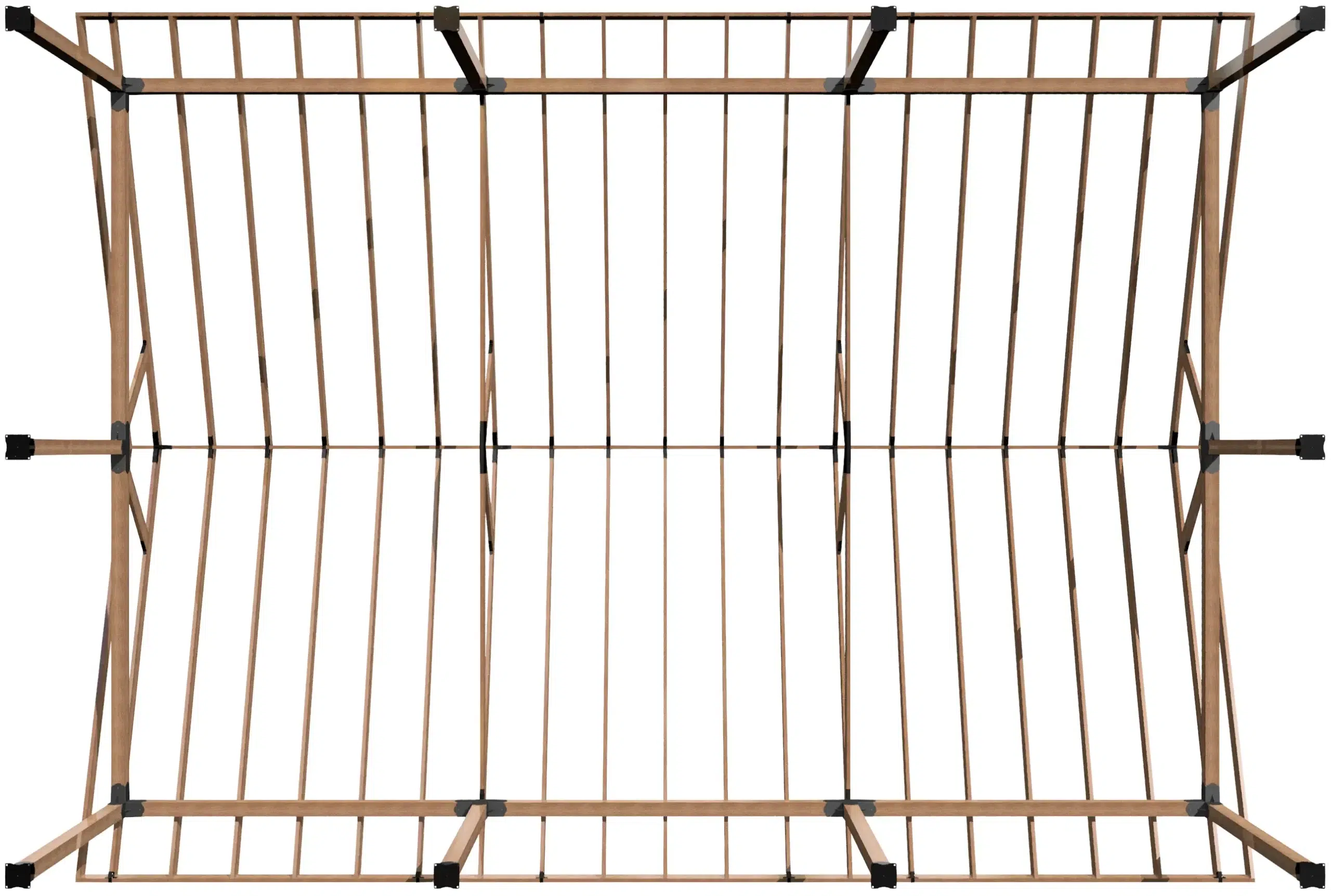 DIY 6x6 Pavilion Kit, 6x6 Posts and Headers - DIY 6x6 Pavilion A top-down view of a rectangular wooden frame with slats and black corner connectors, inspired by the DIY 6x6 Pavilion Kit, 4-12 Pitch Gable Roof Structure—perfect for building your own sturdy pavilion.