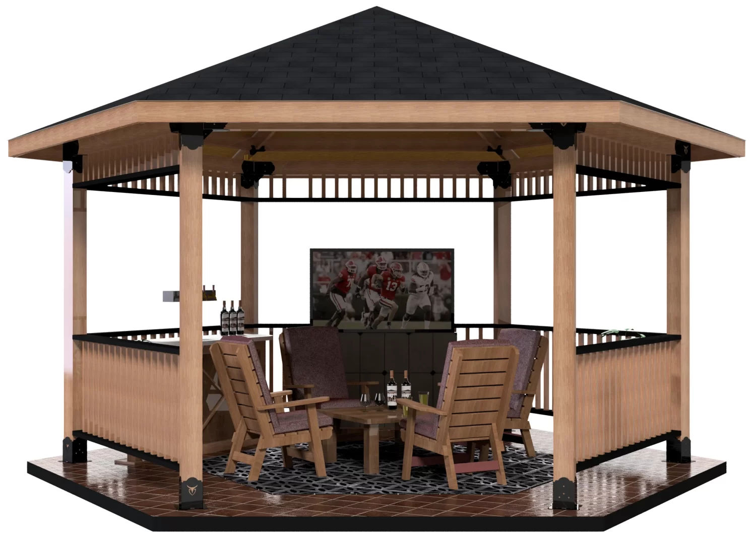 The Surface Mounted, DIY 6x6 Hexagon Gazebo with a black roof includes four armchairs, a coffee table with drinks, a patterned rug, and a large TV showing football. Wine bottles and glasses sit on a side table.