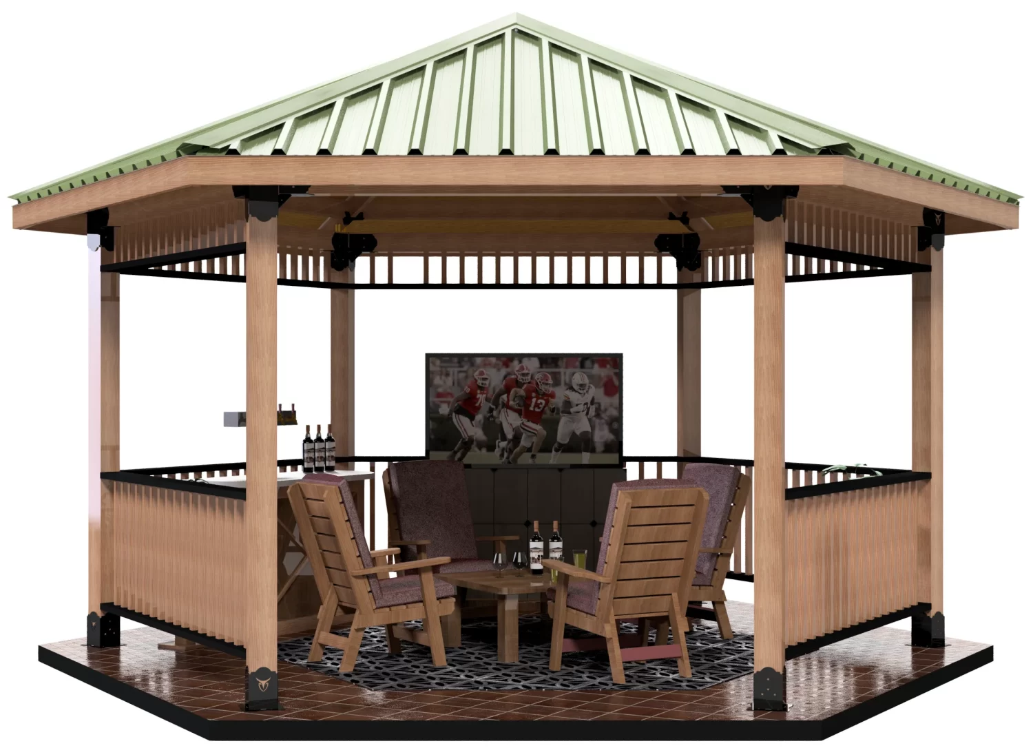 A Surface Mounted, DIY 6x6 Hexagon Gazebo with a green metal roof, wooden frame, and tile floor features four cushioned chairs around a table, a TV displaying football, and a wine rack with bottles on the shelf.