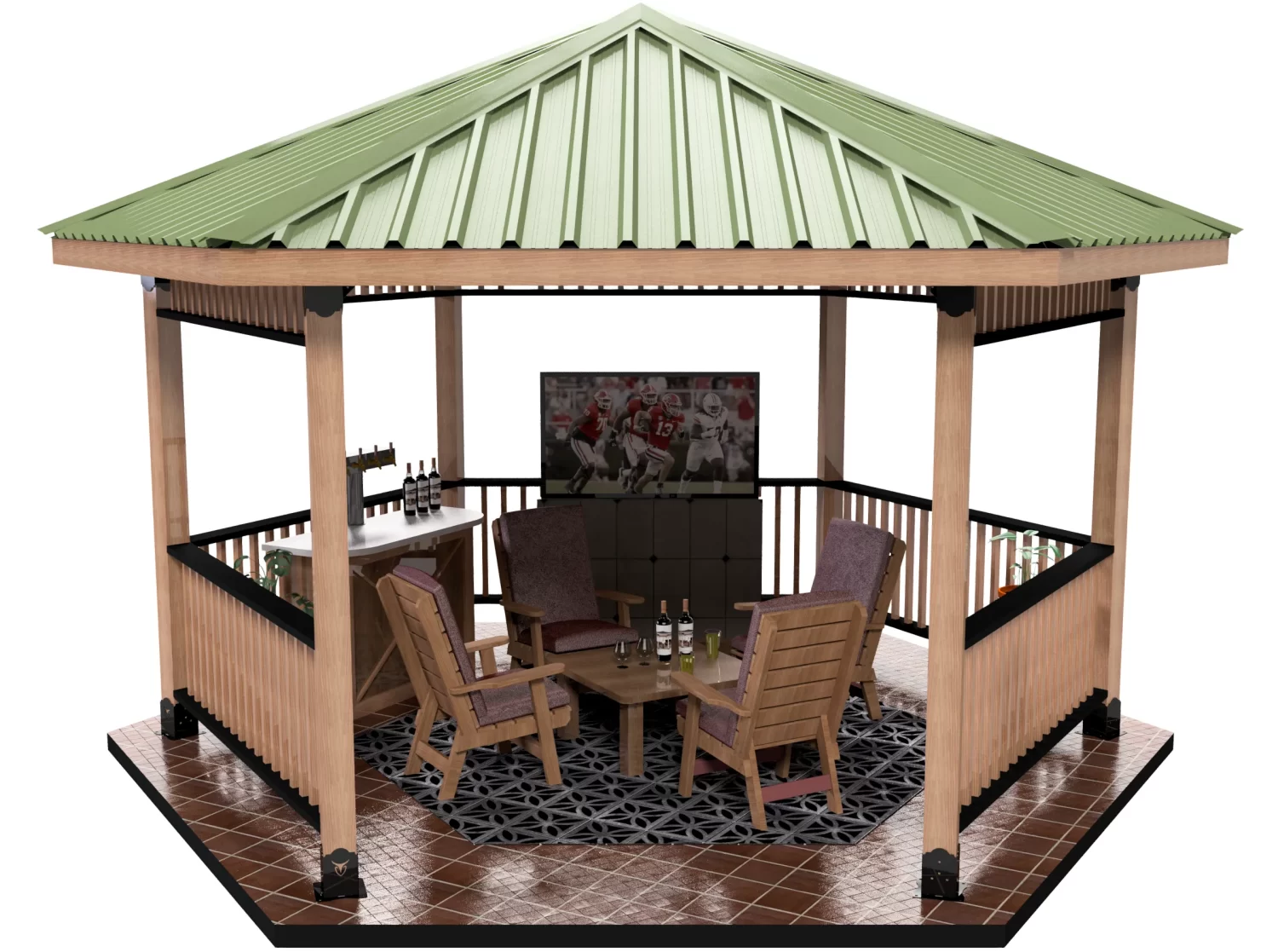 The Surface Mounted, DIY 6x6 Hexagon Gazebo features a green metal roof and wooden frame. Inside are four chairs, a table with bottles, a small bar cart, and a TV displaying football. The floor combines patterned mat with brown tiles.