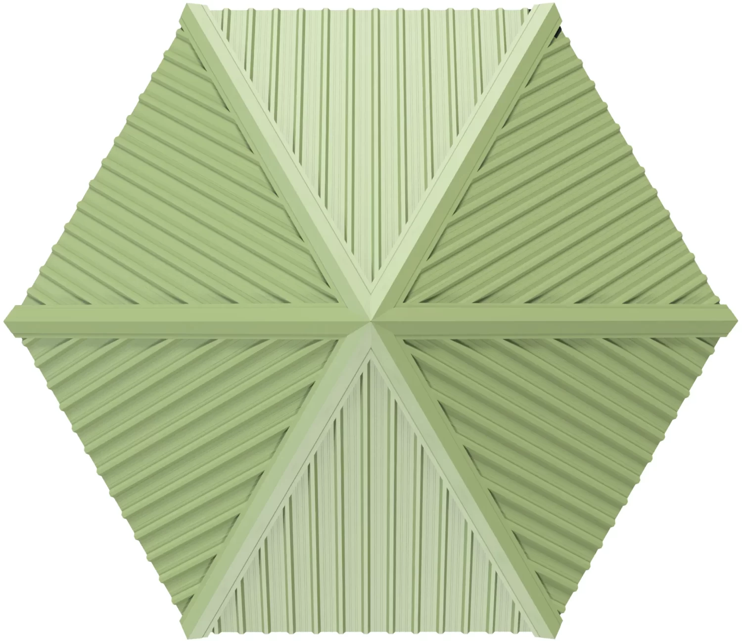 The Surface Mounted, DIY 6x6 Hexagon Gazebo features a geometric hexagonal pattern with alternating light and dark green sections, each with diagonal lines forming a symmetrical, star-like design.