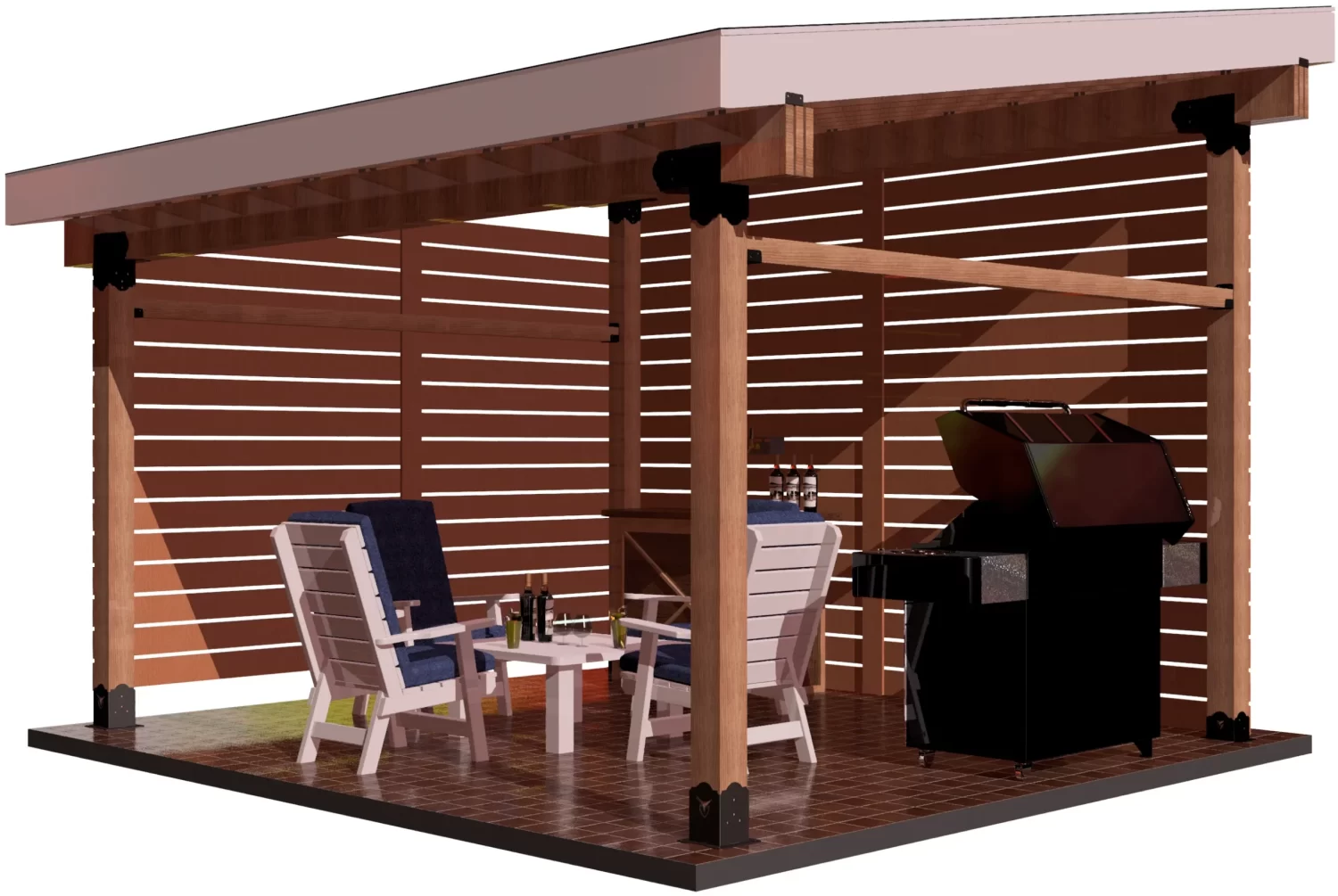 DIY 6x6 Lean To kit - Lean To The DIY 6x6 Lean To kit is a modern wooden gazebo with slatted walls, shown with two white patio chairs featuring blue cushions, a small table with drinks, a grill, and wine bottles on a counter atop a tiled floor.