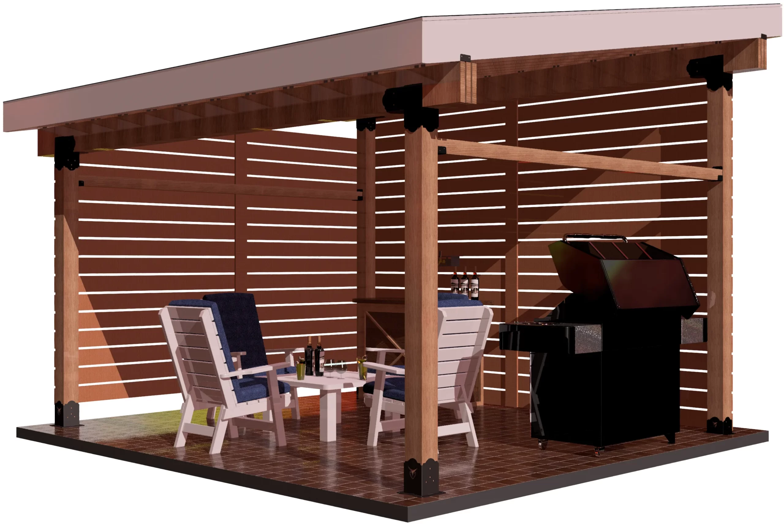DIY 6x6 Lean To kit - Lean To The DIY 6x6 Lean To kit is a modern wooden gazebo with slatted walls, shown with two white patio chairs featuring blue cushions, a small table with drinks, a grill, and wine bottles on a counter atop a tiled floor.