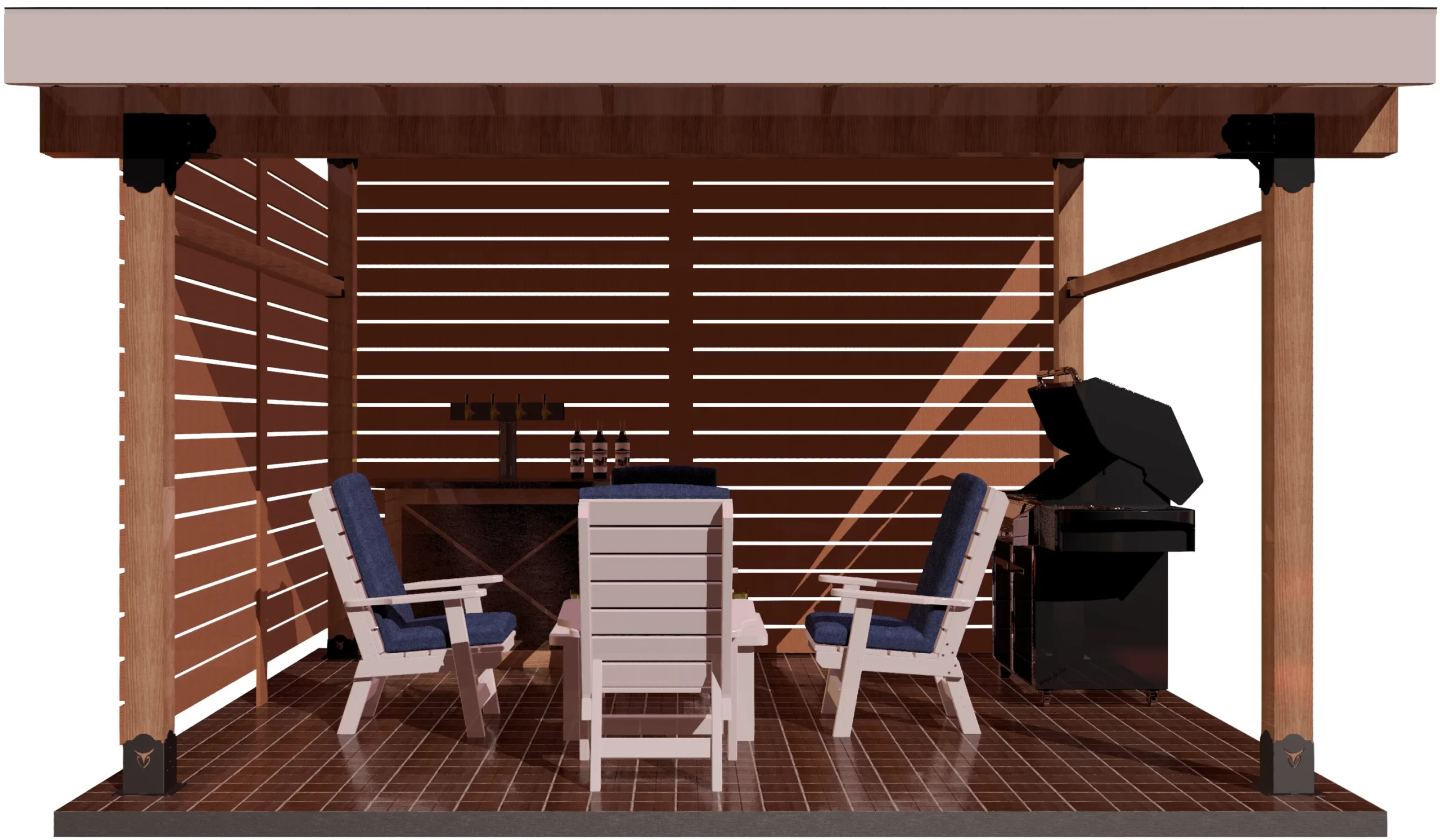 DIY 6x6 Lean To kit - Lean To A DIY 6x6 Lean To kit with wooden slatted walls features three cushioned chairs around a table, a bar counter stocked with bottles, and a black grill on tiled flooring. Sunlight streams through the slats, casting distinct shadows.