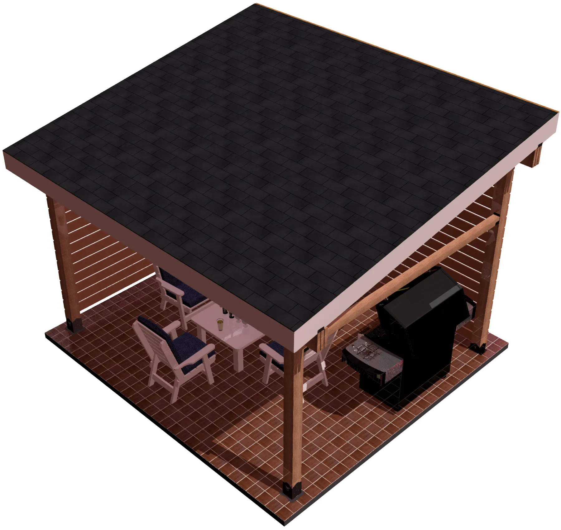 DIY 6x6 Lean To kit - Lean To An outdoor patio has a DIY 6x6 Lean To kit with a dark shingled roof, a dining table set for four with drinks, and a black grill on the tiled floor.
