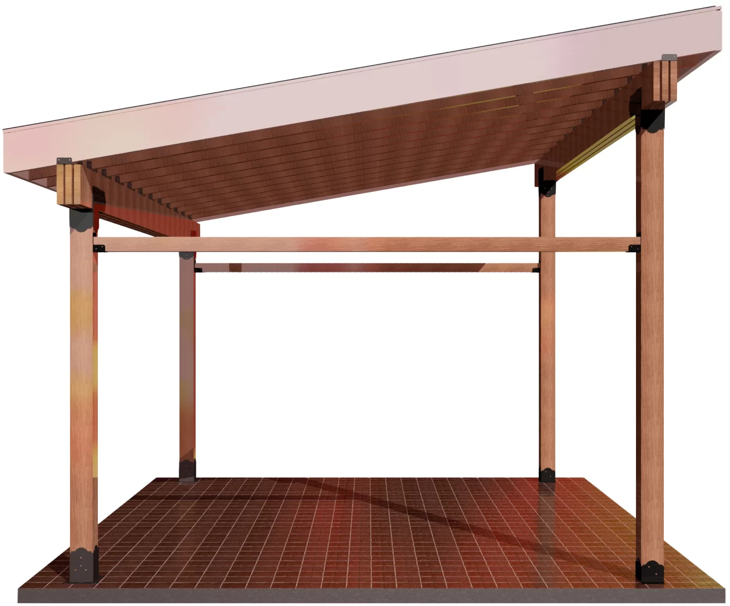 DIY 6x6 Lean To kit - Lean To The DIY 6x6 Lean To kit features a wooden pergola with a slanted roof, four sturdy posts, a slatted top for partial shade, and a tiled floor, shown front-facing against a white background.