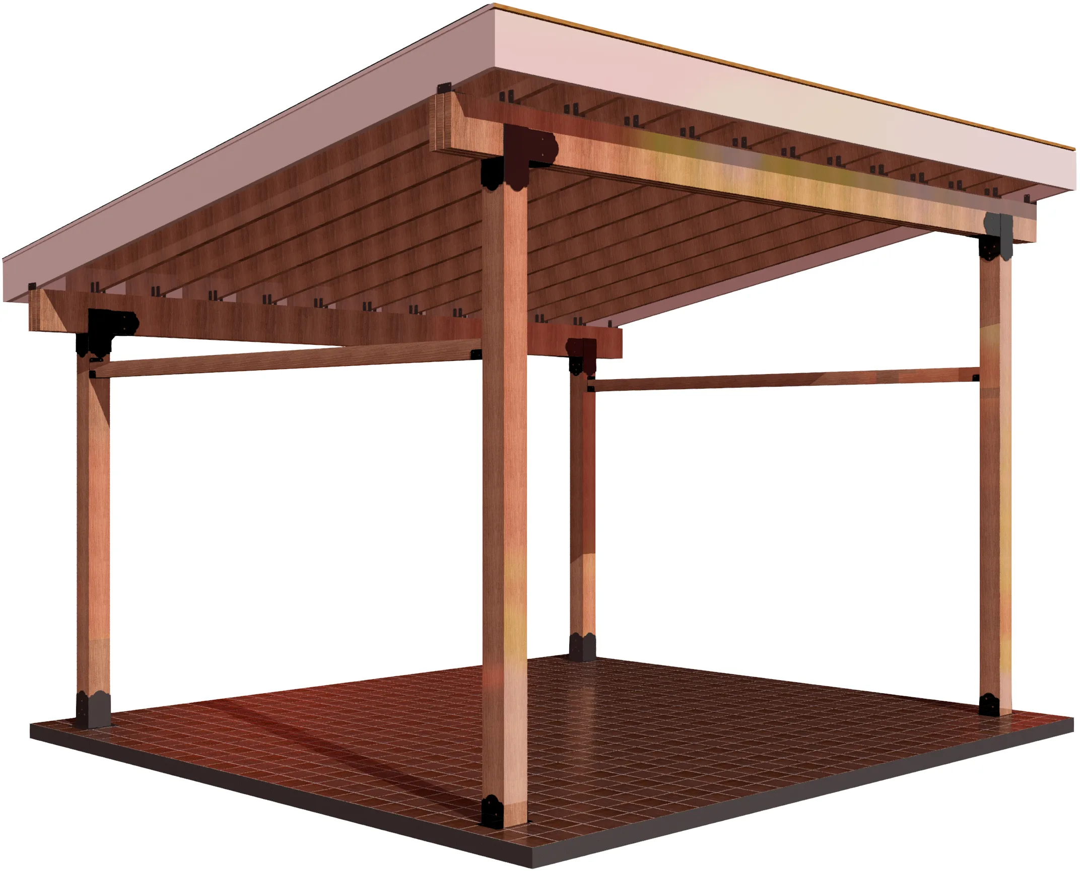 DIY 6x6 Lean To kit - Lean To A 3D rendering of the DIY 6x6 Lean To kit shows a simple wooden pergola with four vertical posts, horizontal beams, and a slatted roof, standing on a tiled base.