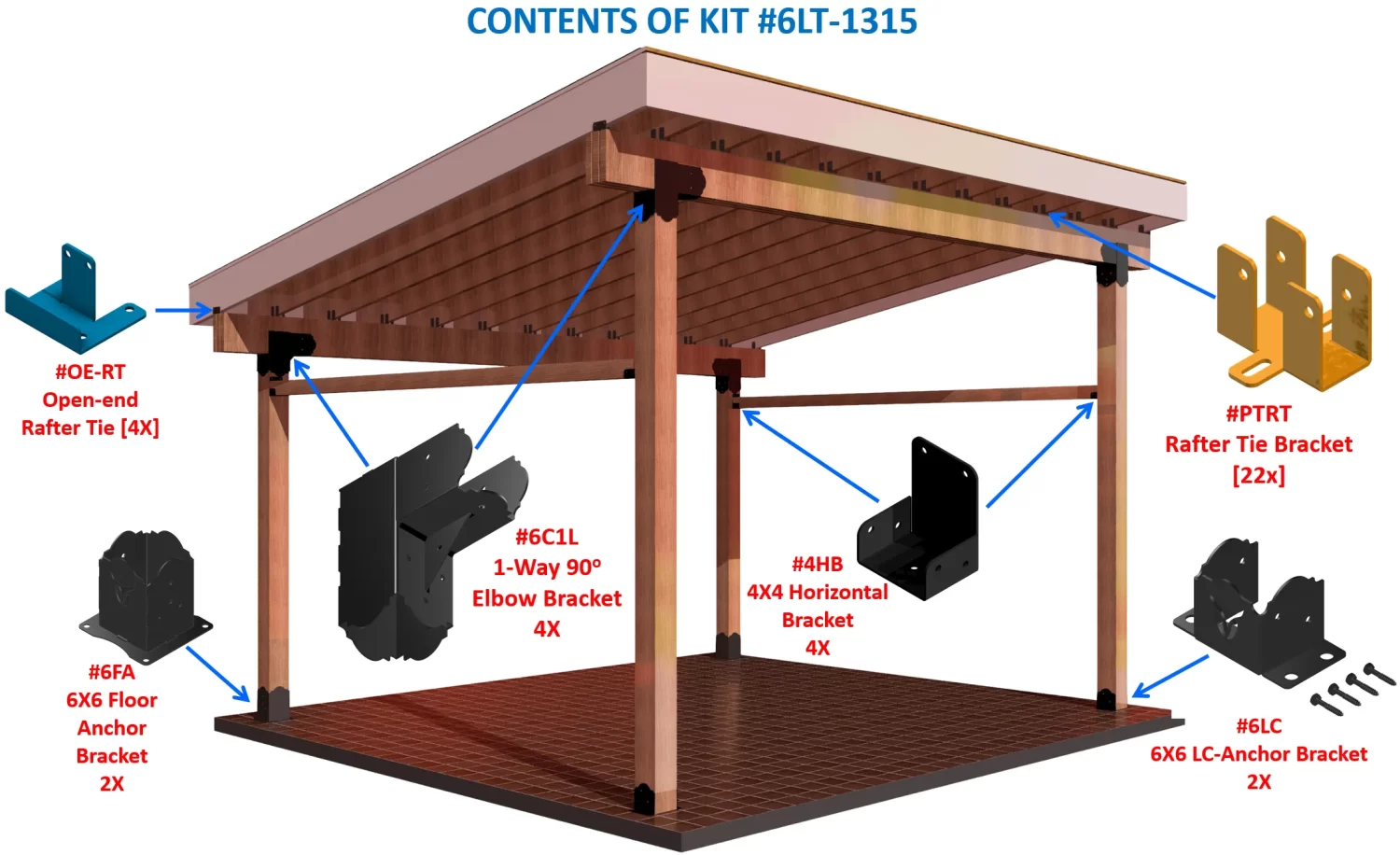 DIY 6x6 Lean To kit - Lean To Labeled diagram of the DIY 6x6 Lean To kit: shows metal brackets at joints—open-end rafter tie, rafter tie bracket, 6x6 floor anchor, 1-way elbow bracket, horizontal bracket, and LC-anchor. Displays Kit #6LT-1315 contents.
