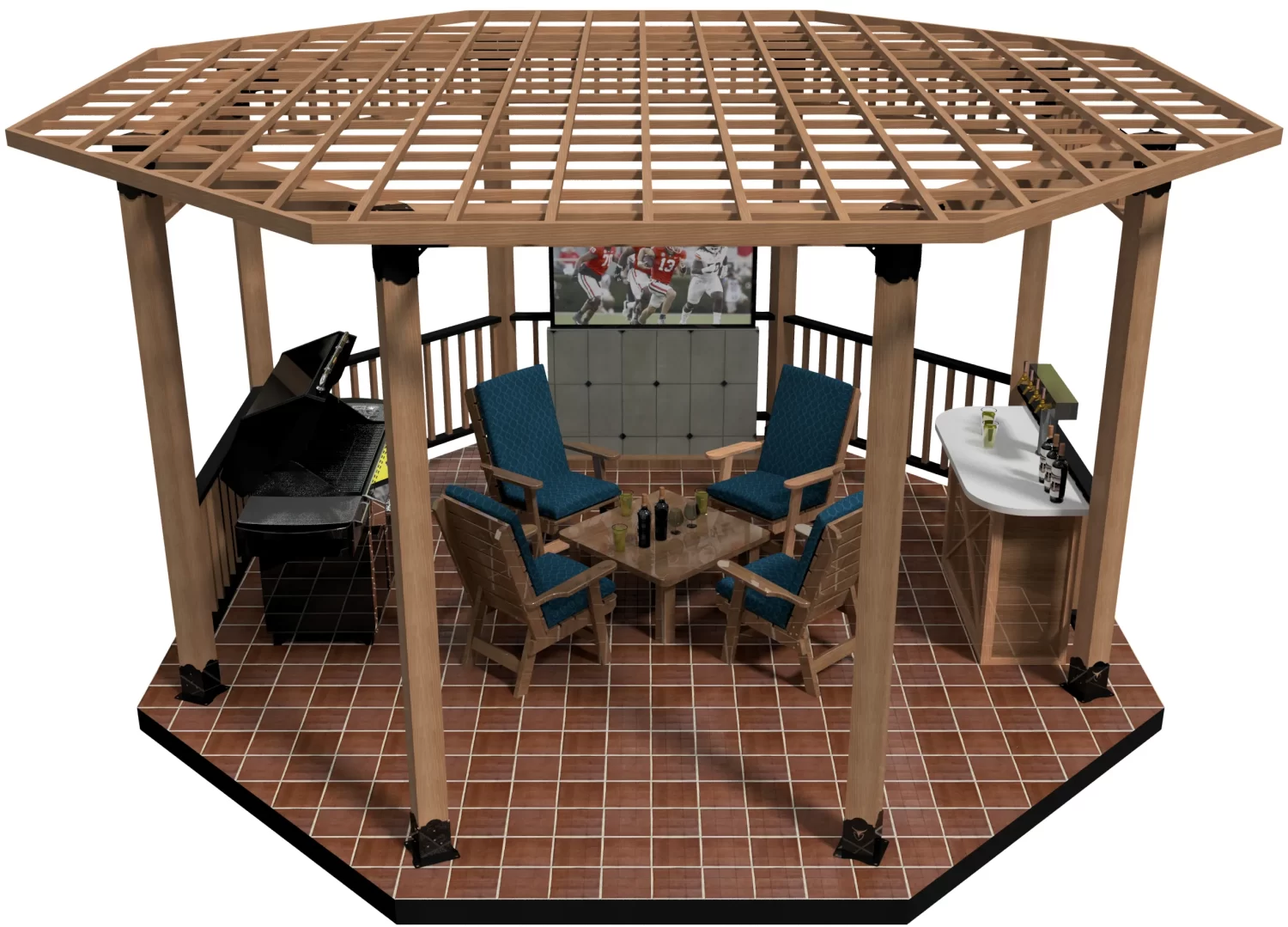 The DIY Octagon Gazebo Kit - 6x6 Surface Mounted features a partially open wooden roof, four blue cushioned chairs around a table, a piano, bar counter, TV showing football, and an inviting brown-tiled floor.