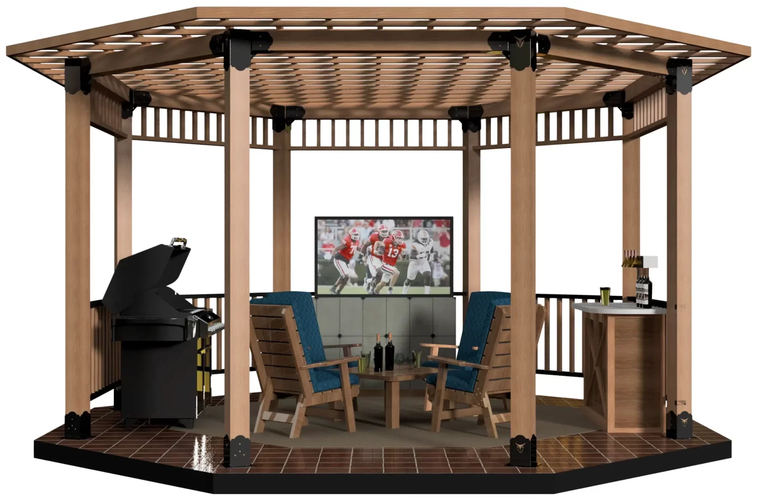 The DIY Octagon Gazebo Kit - 6x6 Surface Mounted includes a barbecue grill, two blue cushioned chairs around a fire pit, a TV with a football game, a small counter with drinks, and features a stylish tiled floor.