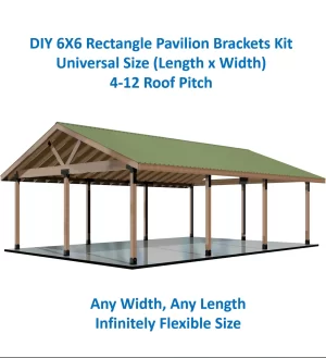 3D illustration of a spacious rectangular pavilion with a green sloped roof and wooden beams. Text above showcases the DIY 6x6 Pavilion Kit, 4-12 Pitch Gable Roof Structure and its flexible, universal sizing for easy customization.