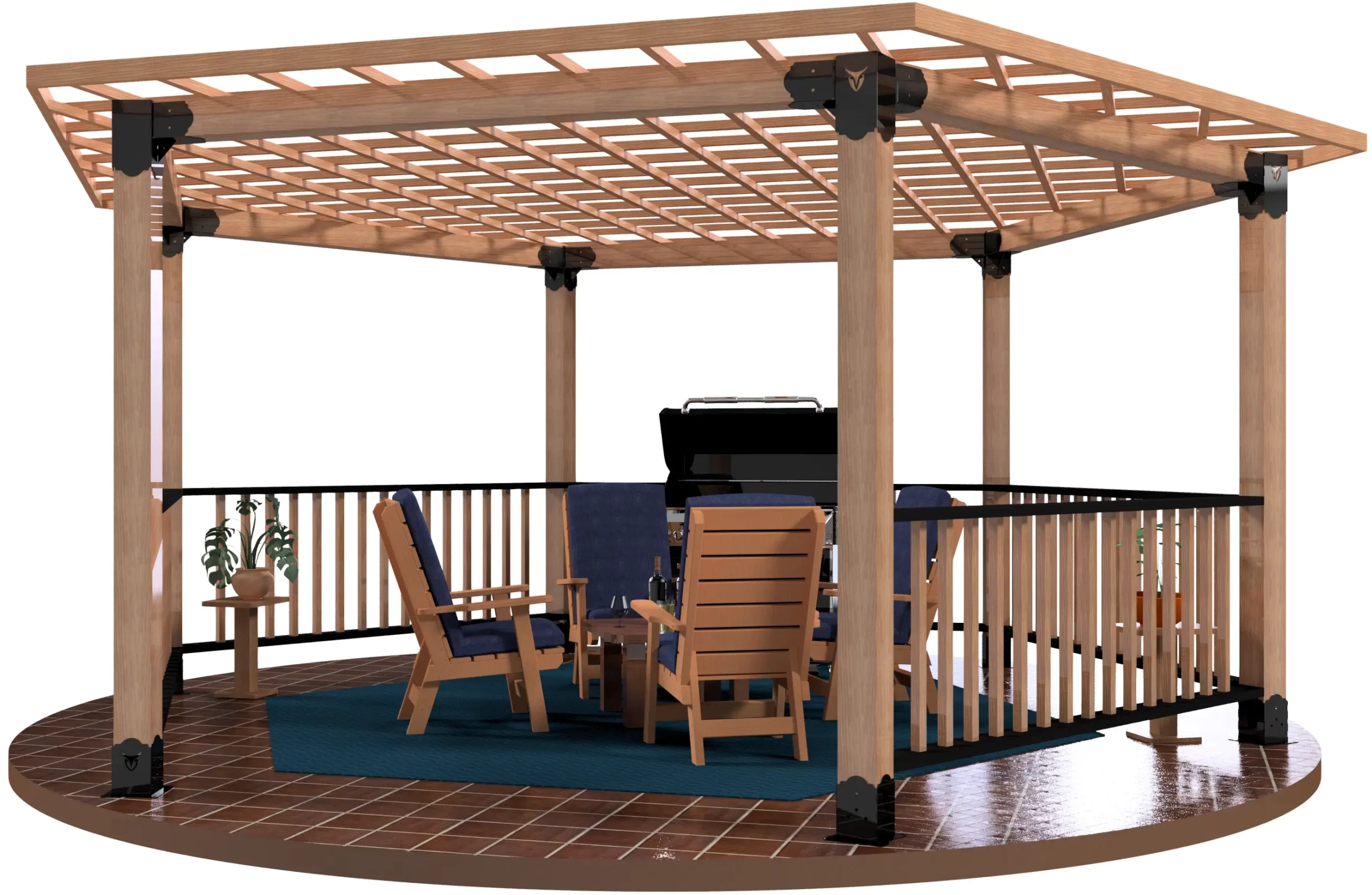 6x6 Surface Mounted, Lattice Top Hexagon pergola with comfortable seating and barbecuer