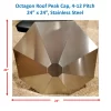 An Octagon Roof Peak Cap, made of stainless steel and measuring 24x24 inches for a 4-12 pitch roof, rests on a beige carpet. Red arrows indicate its dimensions, with blue text above labeling it as a 24x24 octagon roof cap.