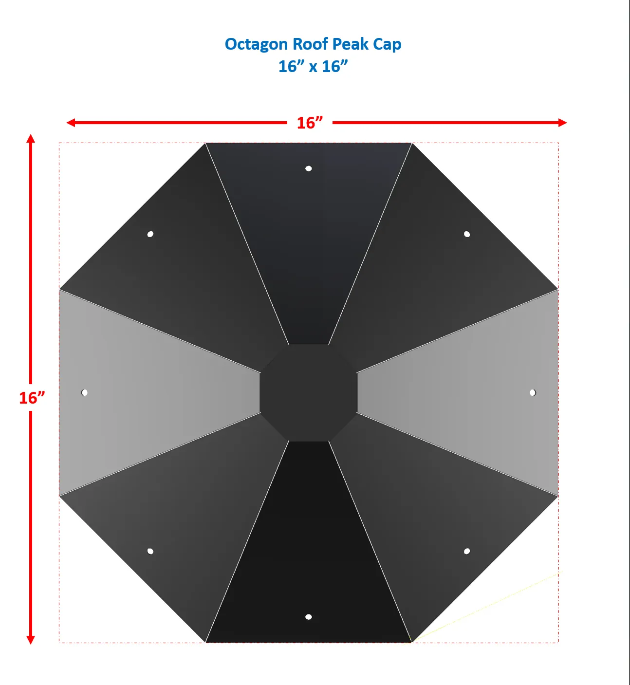 Top view of the Octagon Roof Peak Cap shows alternating dark and light gray sections, with red arrows indicating the 16-inch measurements on each of its eight sides.