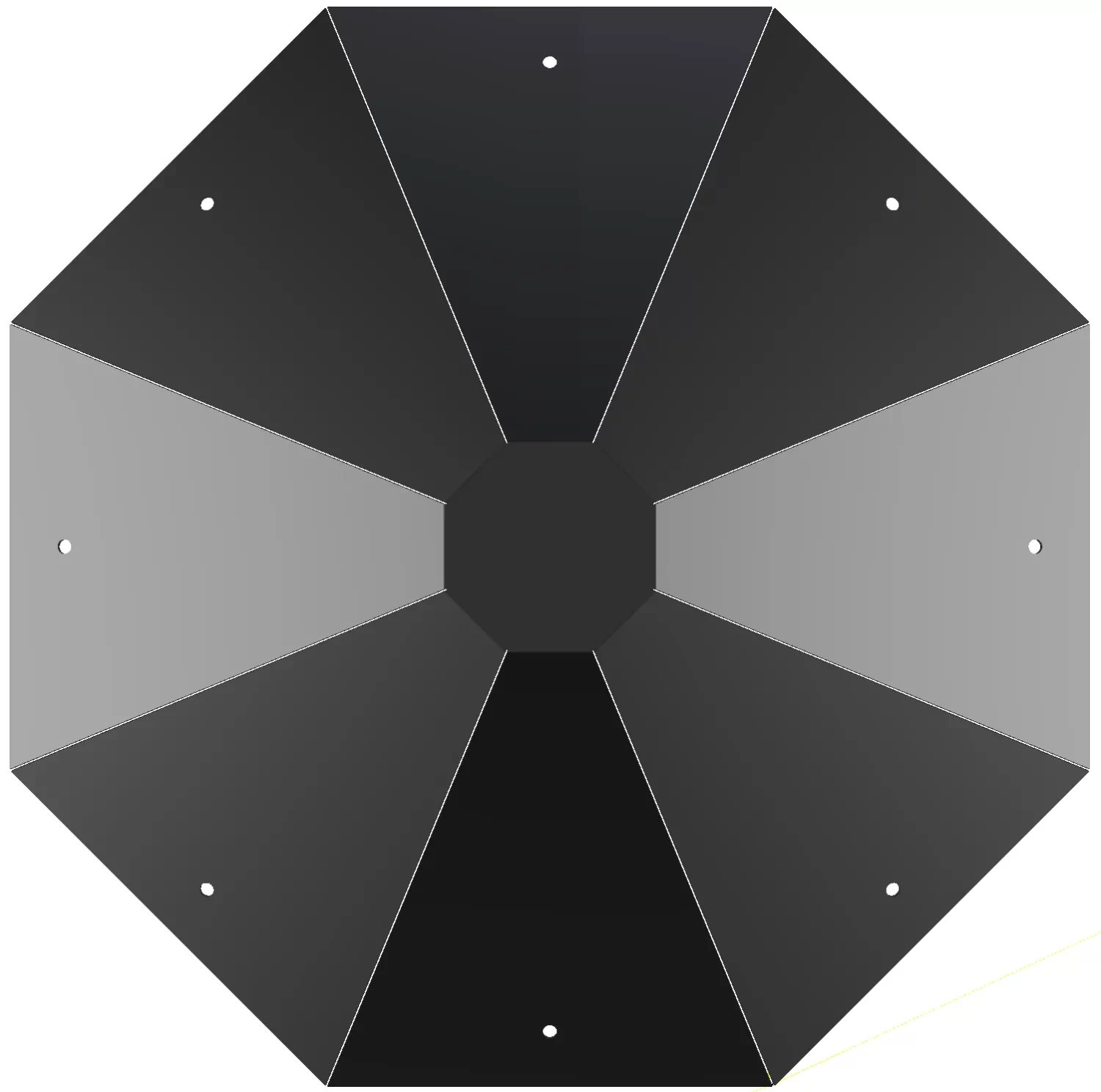 The O-RPK-1 is a symmetrical, octagonal roof peak cap with alternating light and dark gray triangular sections, each featuring a small circular hole near the edge, all meeting at a central octagonal hub.