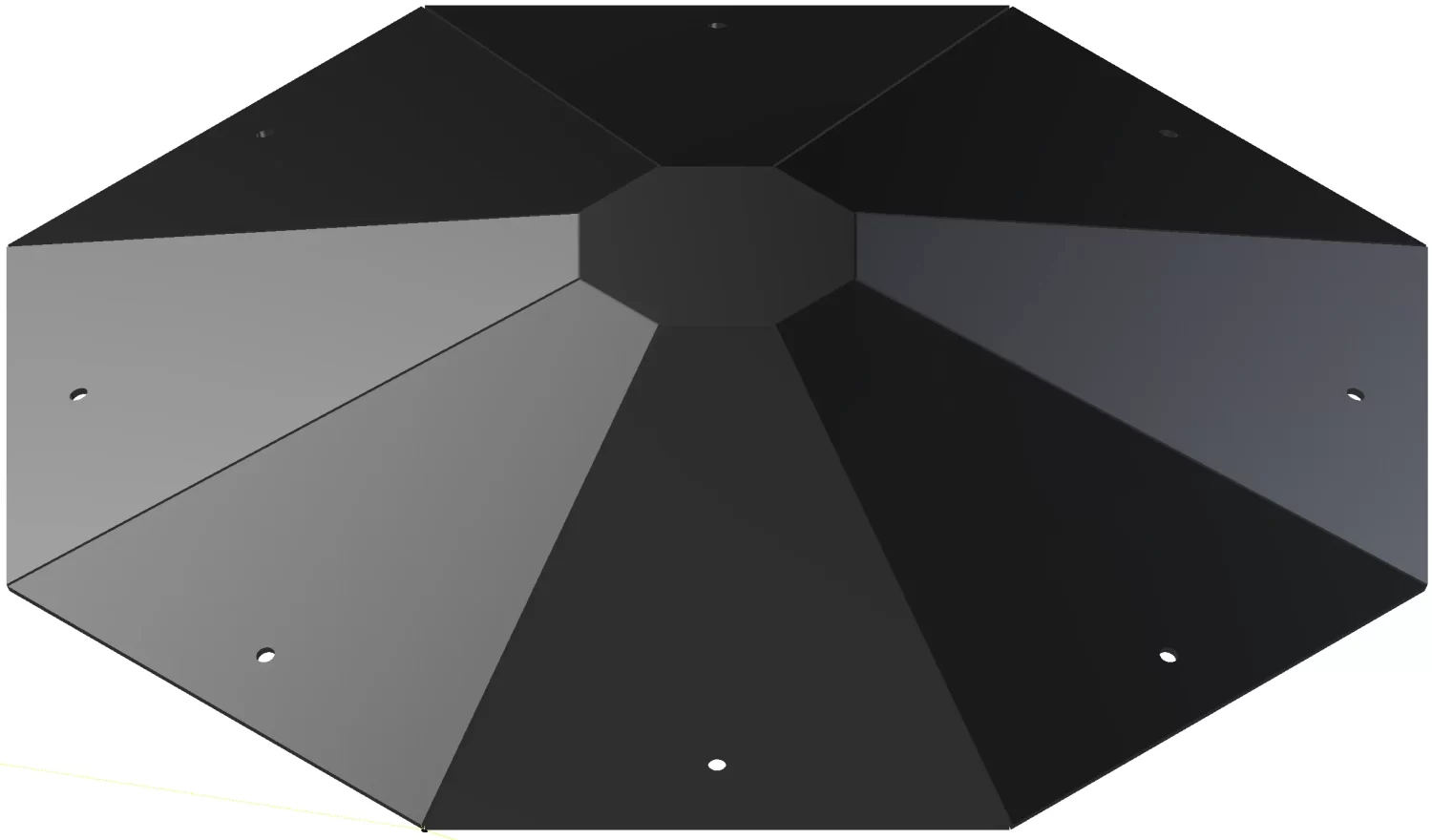 A top-down view of a black, eight-sided faceted O-RPK-3 (Octagon Roof Peak Cap) features a central octagonal section and small circular holes near the edge of each face.